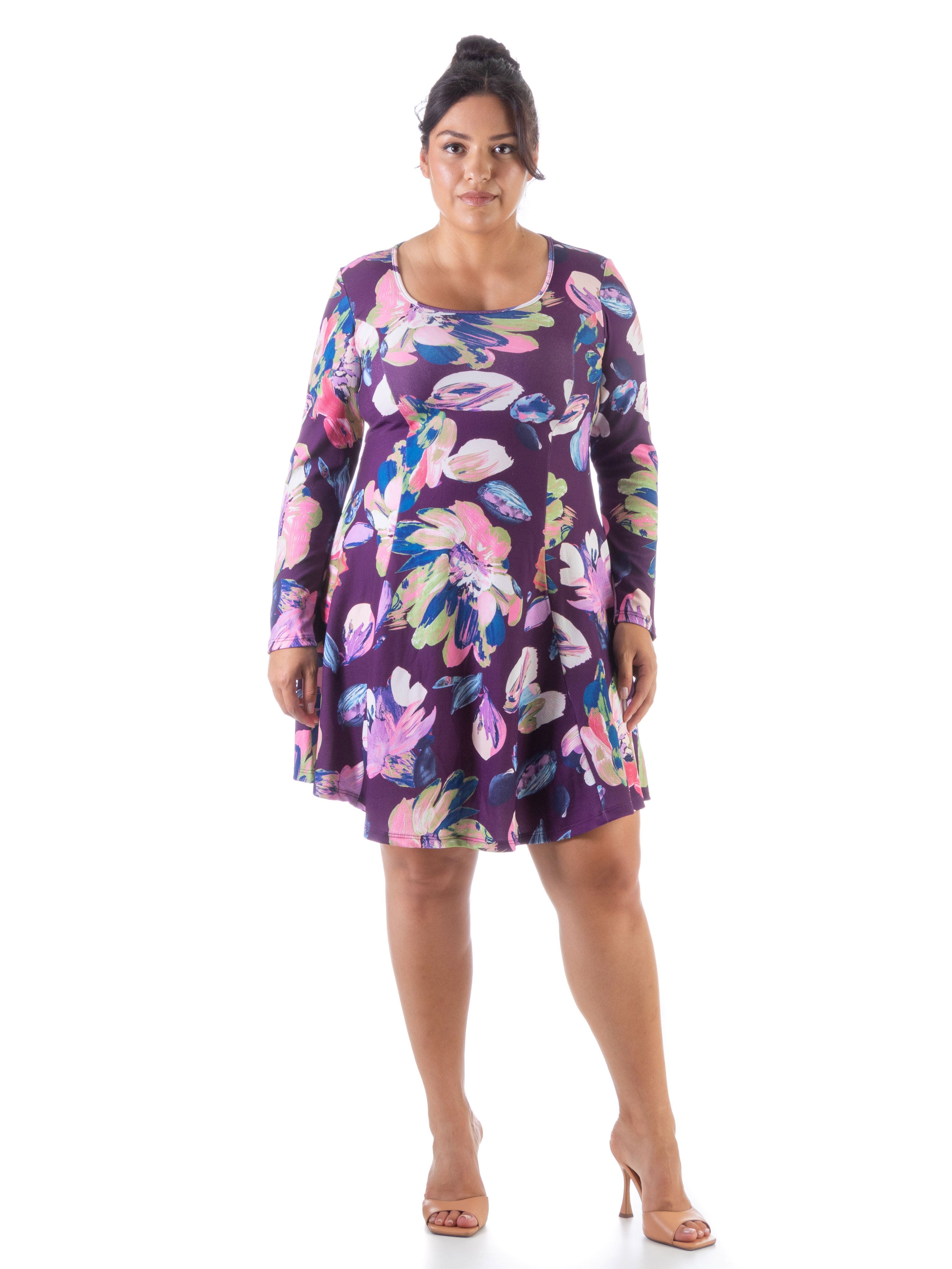 Floral Purple Long Sleeve Plus Size Knee Length Dress, MultiColor, hi-res image number 0