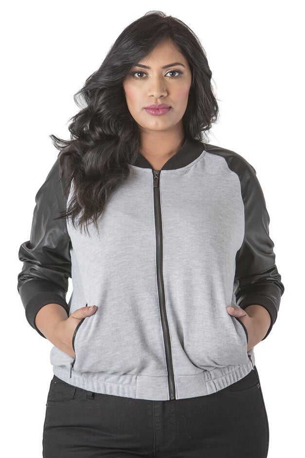 Plus Size Curvy Women's Vegan Leather Long Sleeve Bomber Jacket, Grey, hi-res image number null