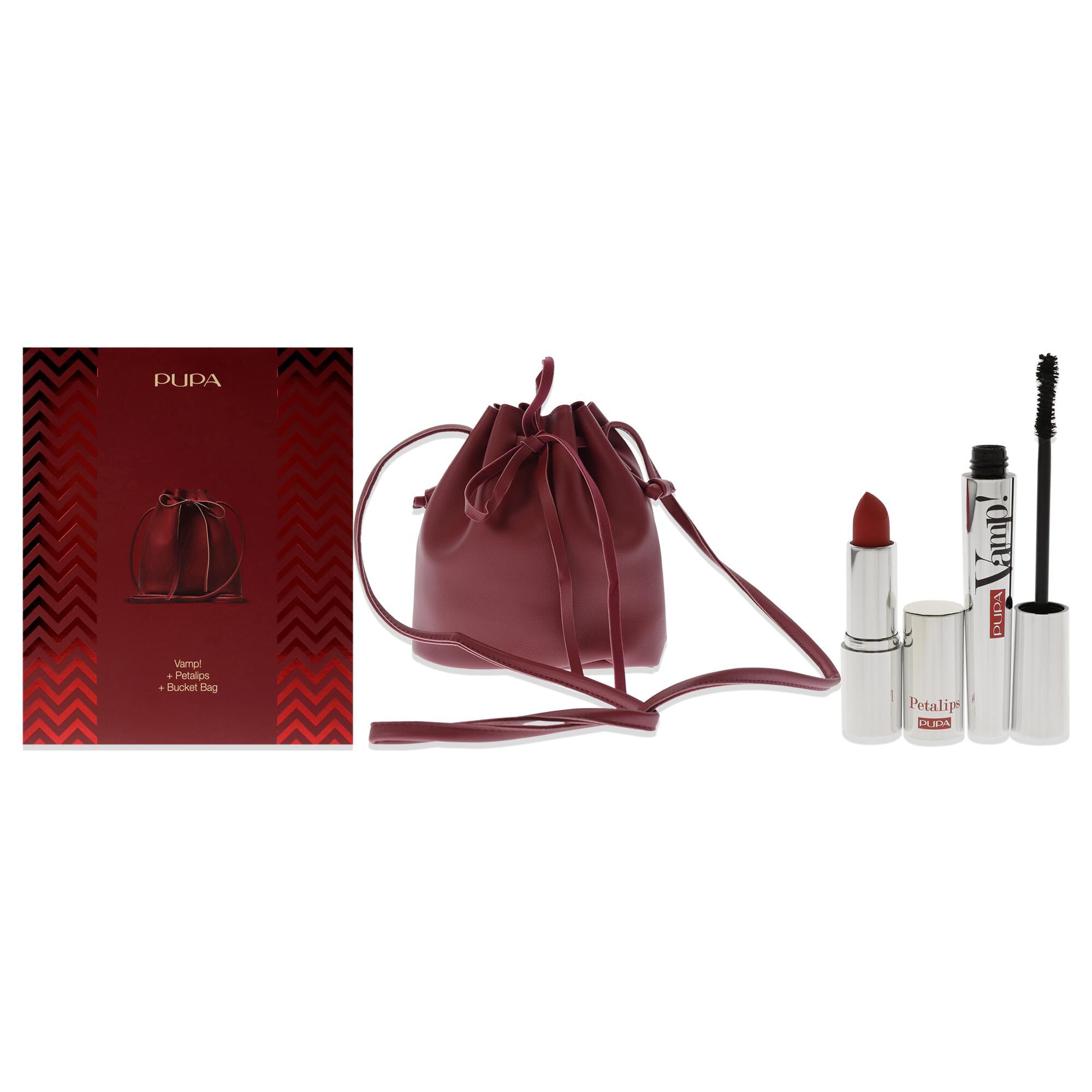 Vamp! Mascara and Petalips Set by Pupa Milano for Women - 3 Pc 0.32oz Vamp! Mascara - 100 Black, 0.123oz Lipstick - 015, Bucket Bag, See Description, hi-res image number 0