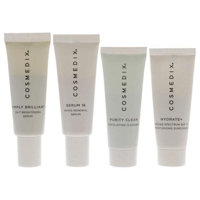 Even Skin Tone Essentials Kit by Cosmedix for Unisex - 4 Pc 0.5oz Purity Clean, 0.5oz Simply Brilliant, 0.5oz Serum 16, 0.5oz Hydrate Plus, NA, alternate image number null