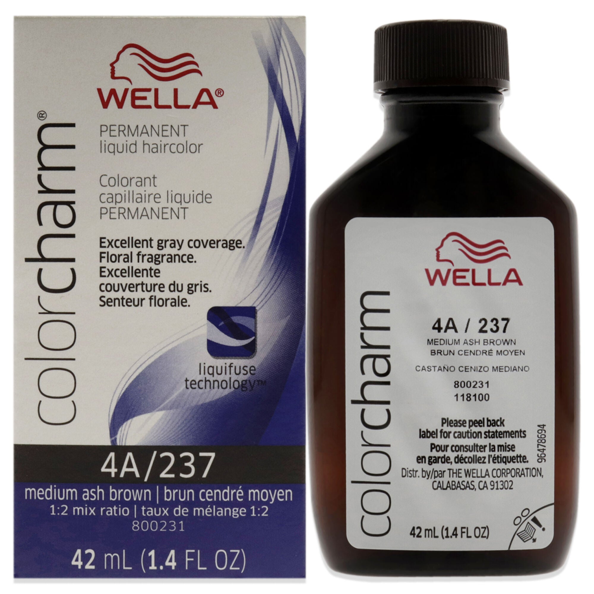 Color Charm Permanent Liquid Hair Color - 237 4A Medium Ash Brown by Wella for Unisex - 1.42 oz Hair Color, See Description, hi-res image number 0