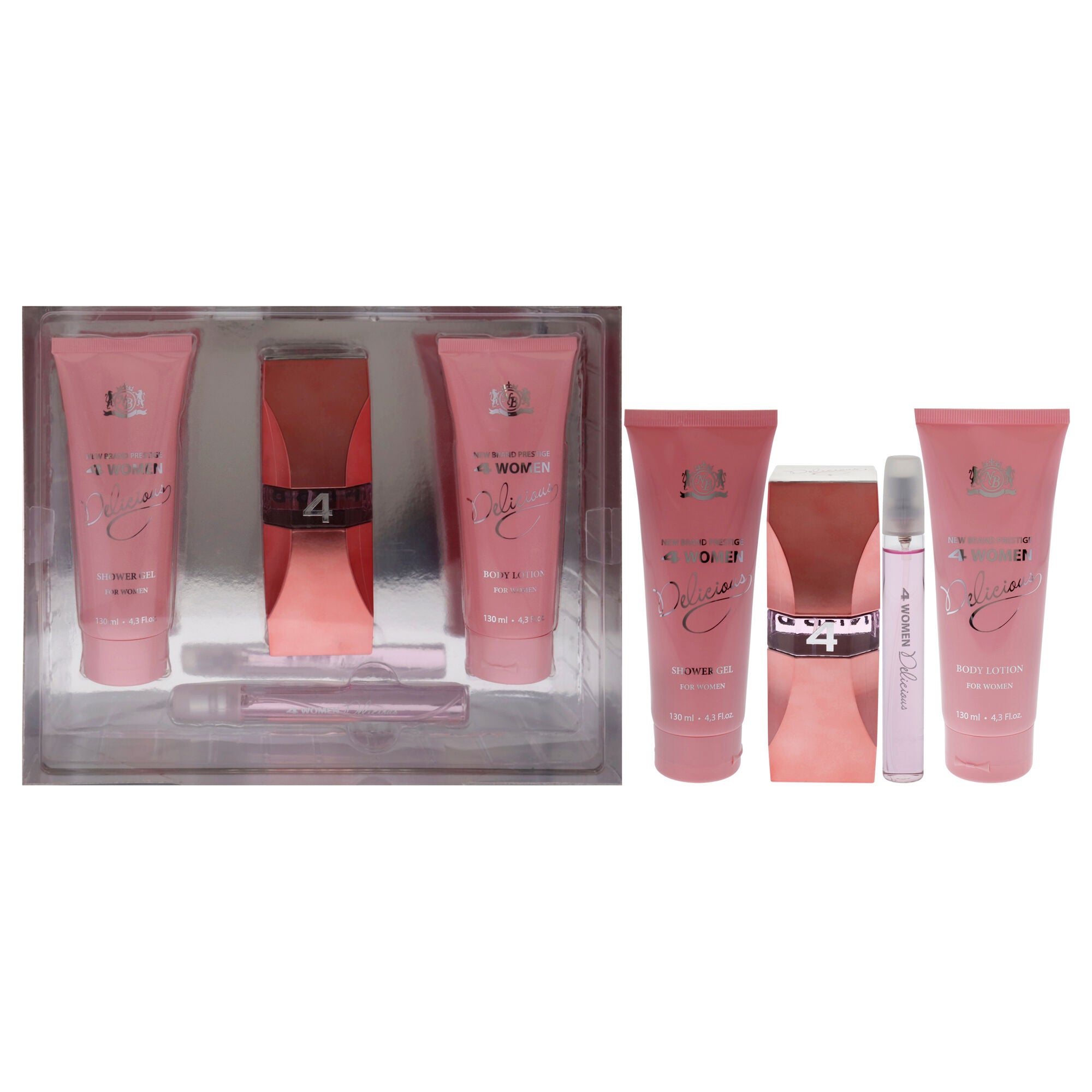 Prestige 4 Woman Delicious by New Brand for Women - 4 Pc Gift Set 3.3oz EDP Spray, 0.5oz EDP Spray, 4.3oz Shower Gel, 4.3oz Body Lotion, See Description, hi-res image number 0