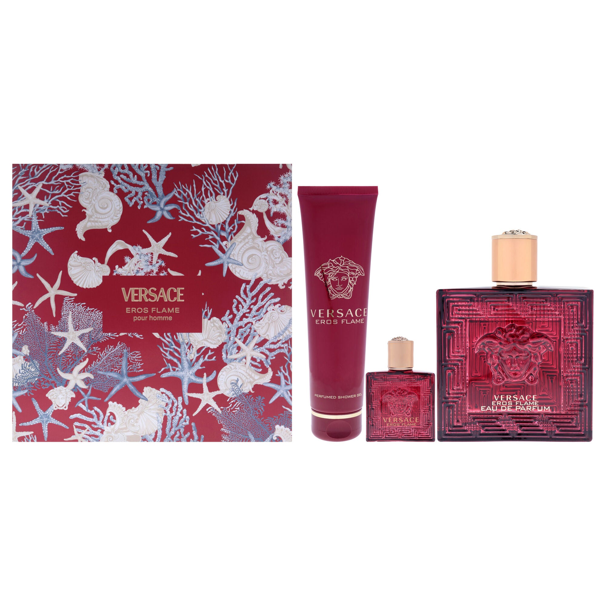 Versace Eros Flame by Versace for Men - 3 Pc Gift Set 3.4oz EDP Spray, 0.17oz EDP Spray (Mini), 5oz Bath and Shower Gel, Clear, hi-res image number 0