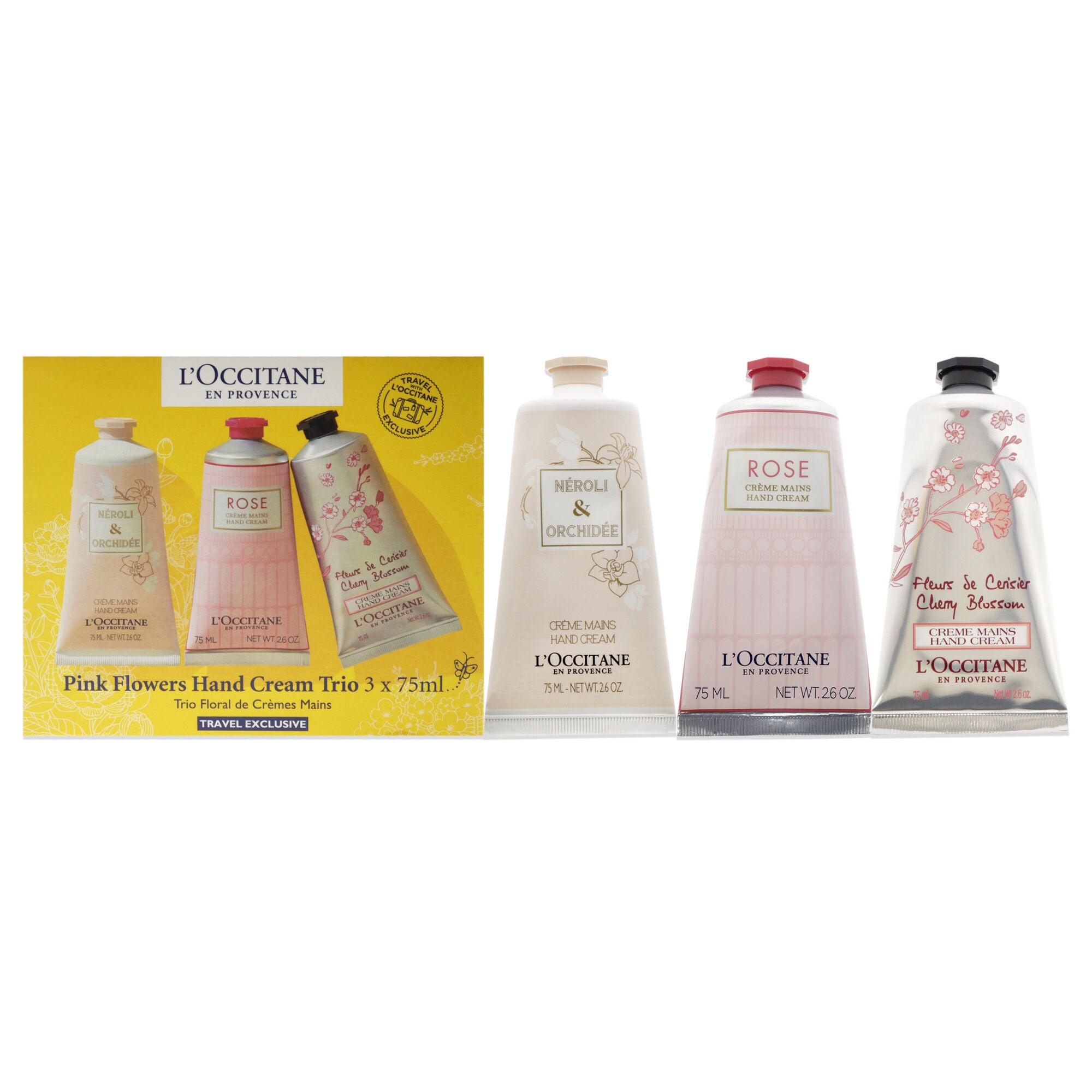 Pink Flowers Hand Cream Trio by LOccitane for Unisex - 3 x 2.6 oz Neroli and Orchidee Hand Cream, Rose Hand Cream, Cherry Blossom Hand Cream, See Description, hi-res image number 0