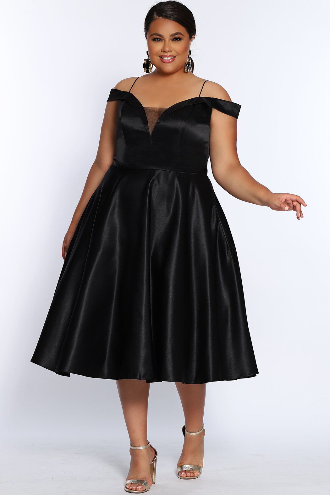 Simply Divine Tea-Length Satin Plus Size Party Dress with Pockets, Black, hi-res image number 0