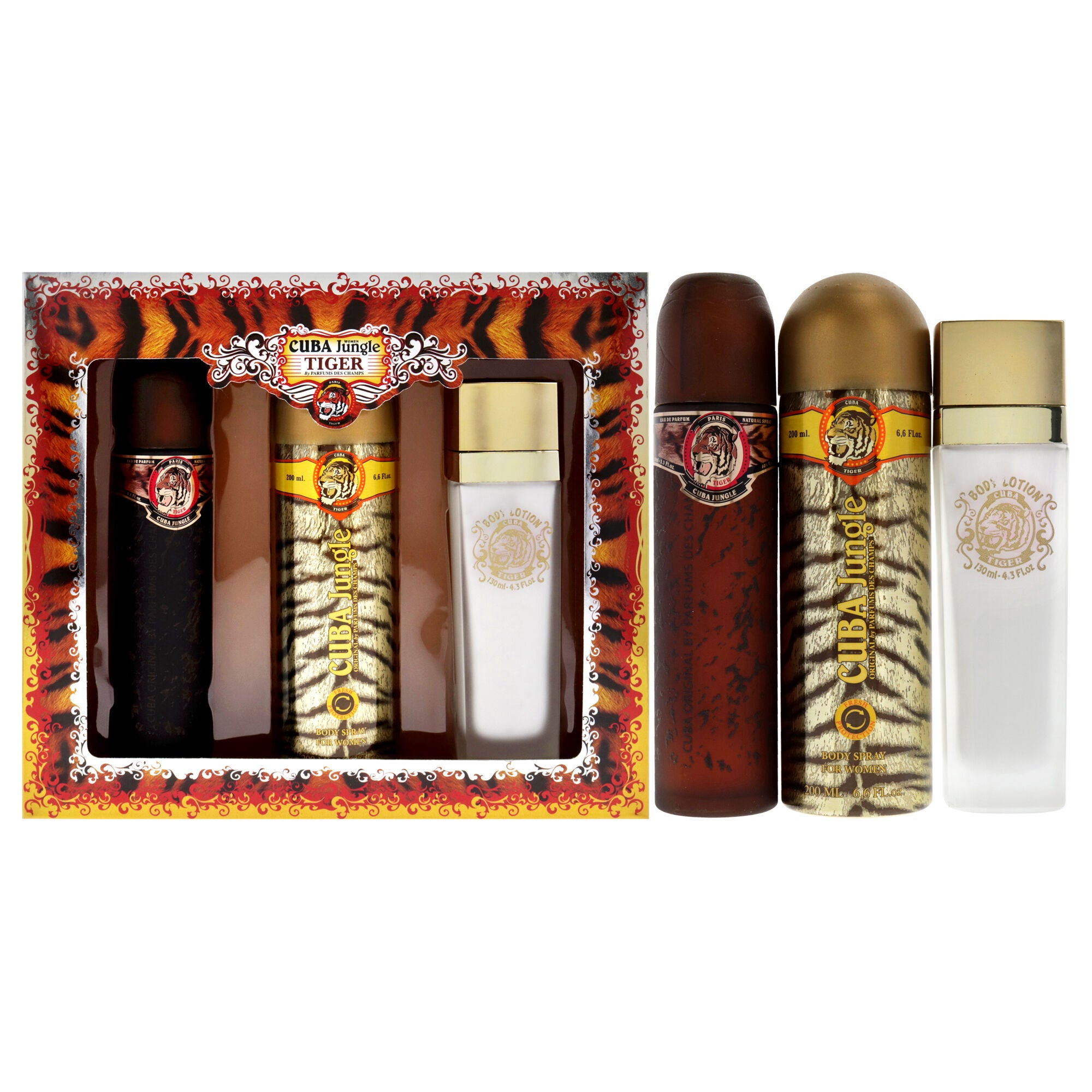 Cuba Jungle Tiger by Cuba for Women - 3 Pc Gift Set 3.3oz EDP Spray, 6.7oz Deodorant Body Spray, 4.3oz Body Lotion, See Description, hi-res image number 0