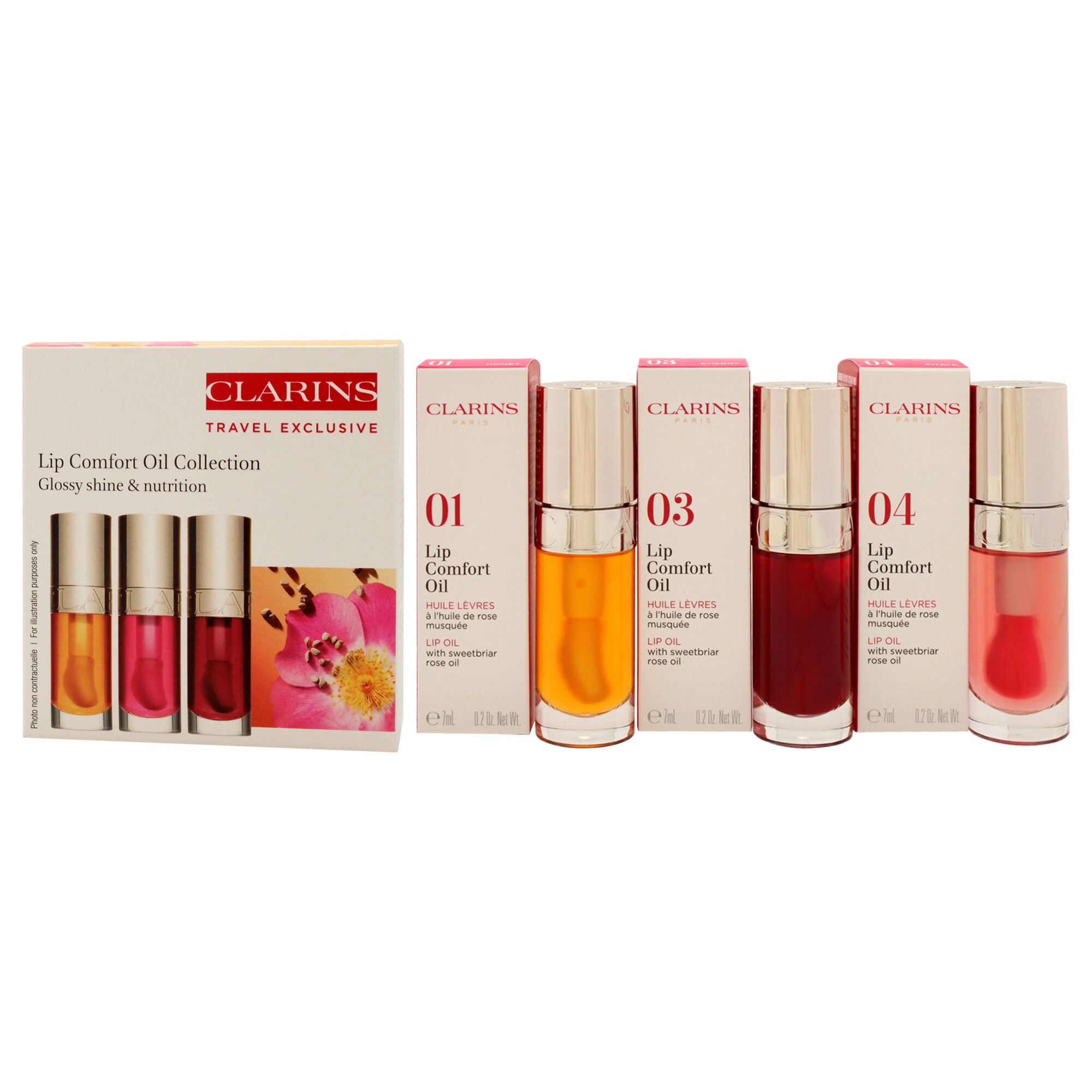 Lip Comfort Oil Collection by Clarins for Women - 3 x 0.2 oz Lip Oil - 01 Honey, Lip Oil - 03 Cherry, Lip Oil - 04 Pitaya, See Description, alternate image number 3