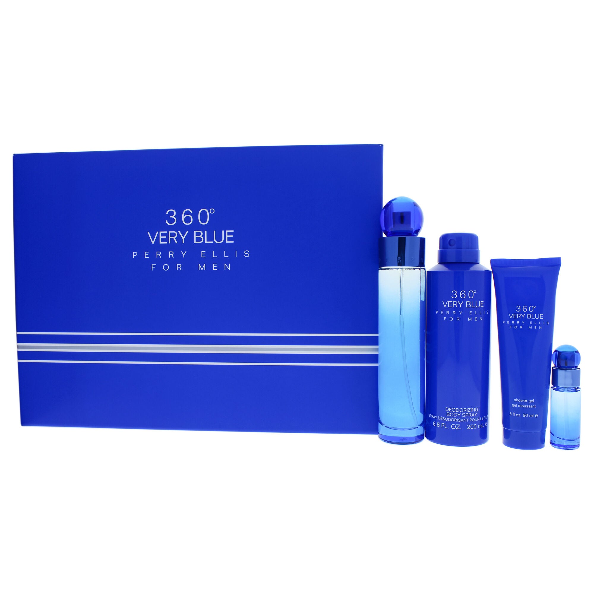 360 Very Blue by Perry Ellis for Men - 4 Pc Gift Set 3.4oz EDT Spray, 7.5ml EDT Spray, 6.8oz Body Spray, 3oz Shower Gel, See Description, hi-res image number 0
