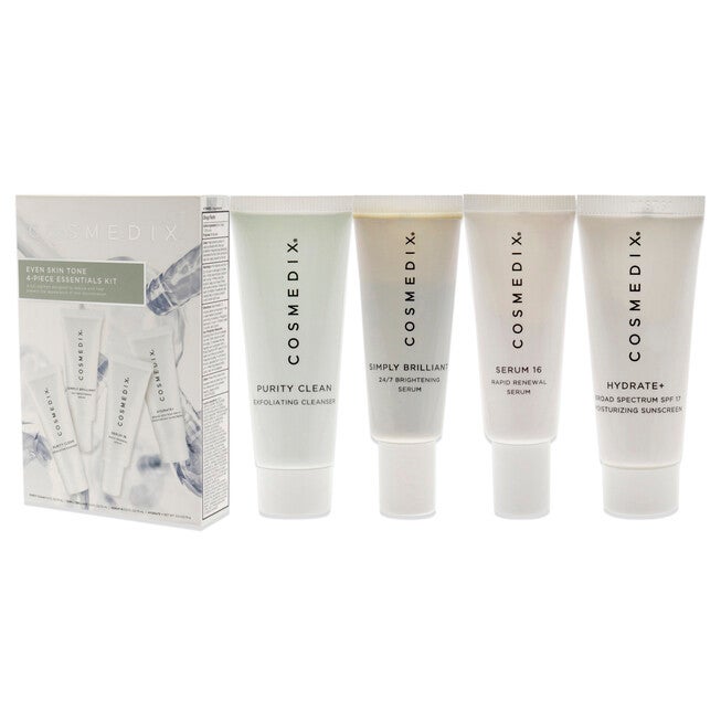 Even Skin Tone Essentials Kit by Cosmedix for Unisex - 4 Pc 0.5oz Purity Clean, 0.5oz Simply Brilliant, 0.5oz Serum 16, 0.5oz Hydrate Plus, NA, alternate image number null