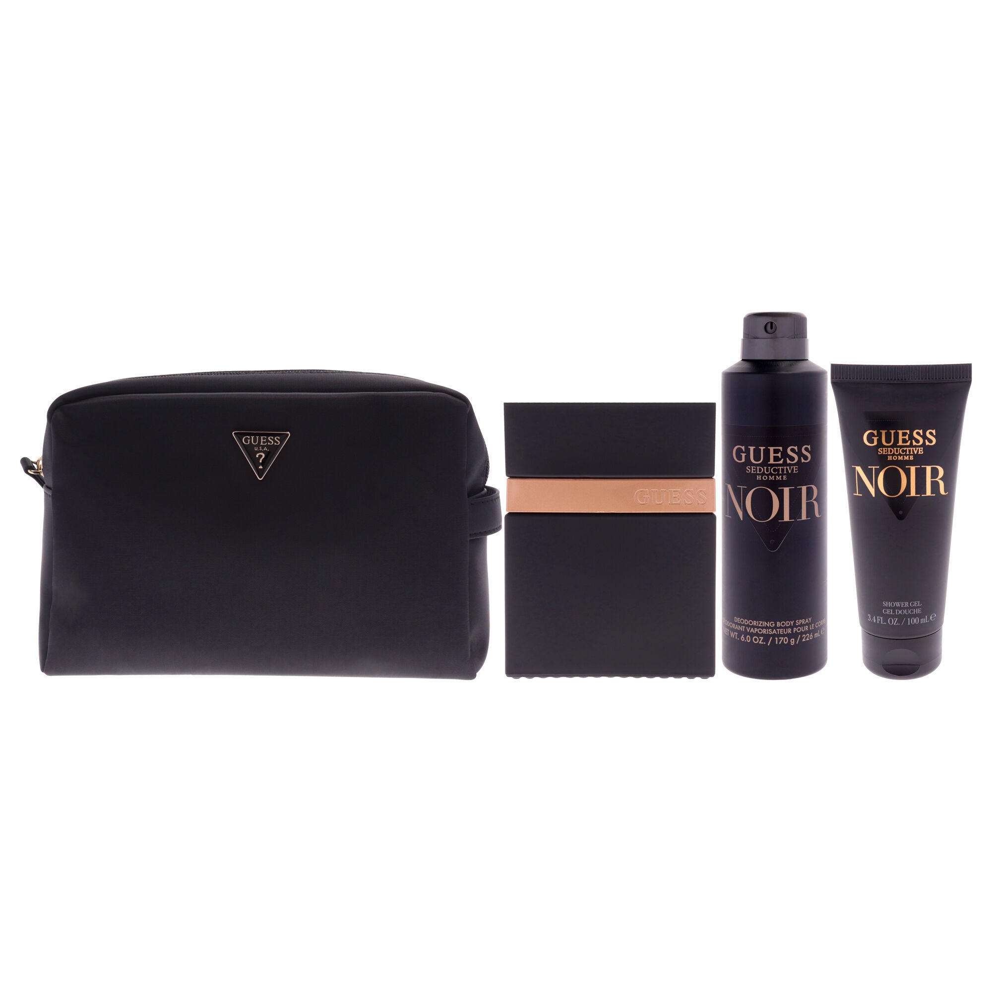 Seductive Homme Noir by Guess for Men - 4 Pc Gift Set 3.4oz EDT Spray, 6oz Deodorant Body Spray, 3.4oz Shower Gel, Pouch, Clear, alternate image number 1