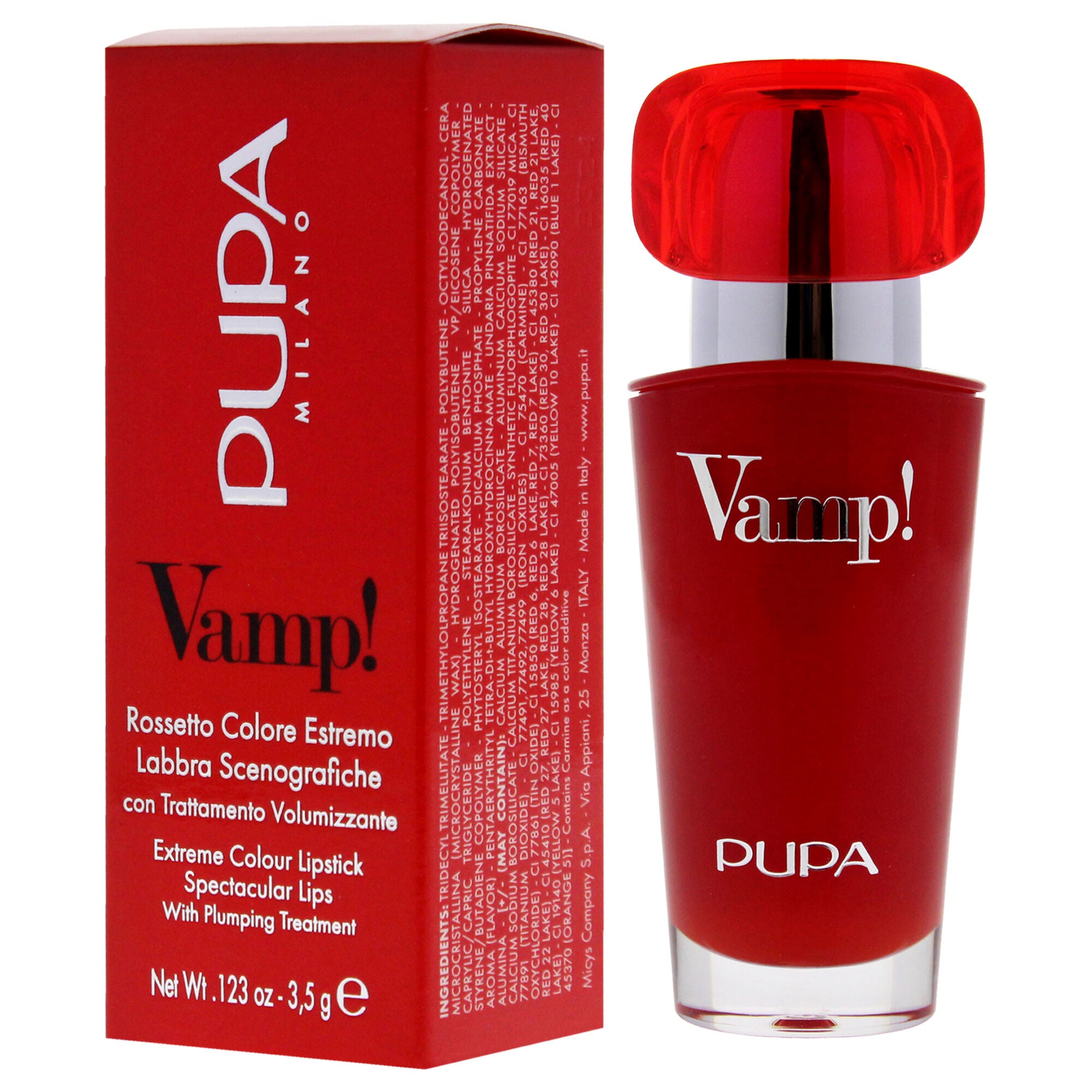 Vamp! Extreme Colour Lipstick with Plumping Treatment - 302 Ruby Red by Pupa Milano for Women - 0.123 oz Lipstick, See Description, alternate image number 3