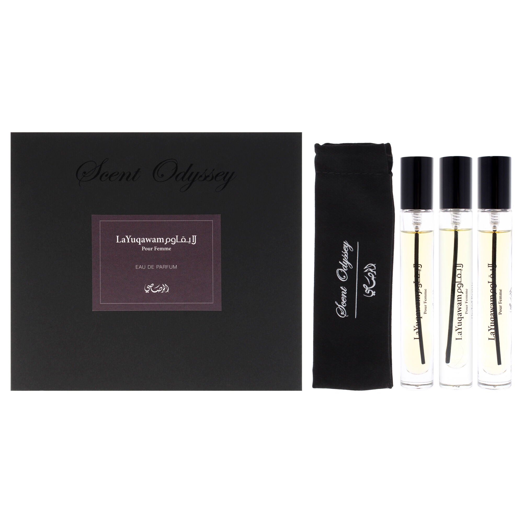 Scent Odyssey - La Yuqawam by Rasasi for Women - 3 Pc Mini Gift Set 0.25oz LaYuqawam Pour Femme EDP Spray, 0.25oz Jasmine Wisp EDP Spray, 0.25oz Orchid Prairie EDP Spray, Clear, hi-res image number 0