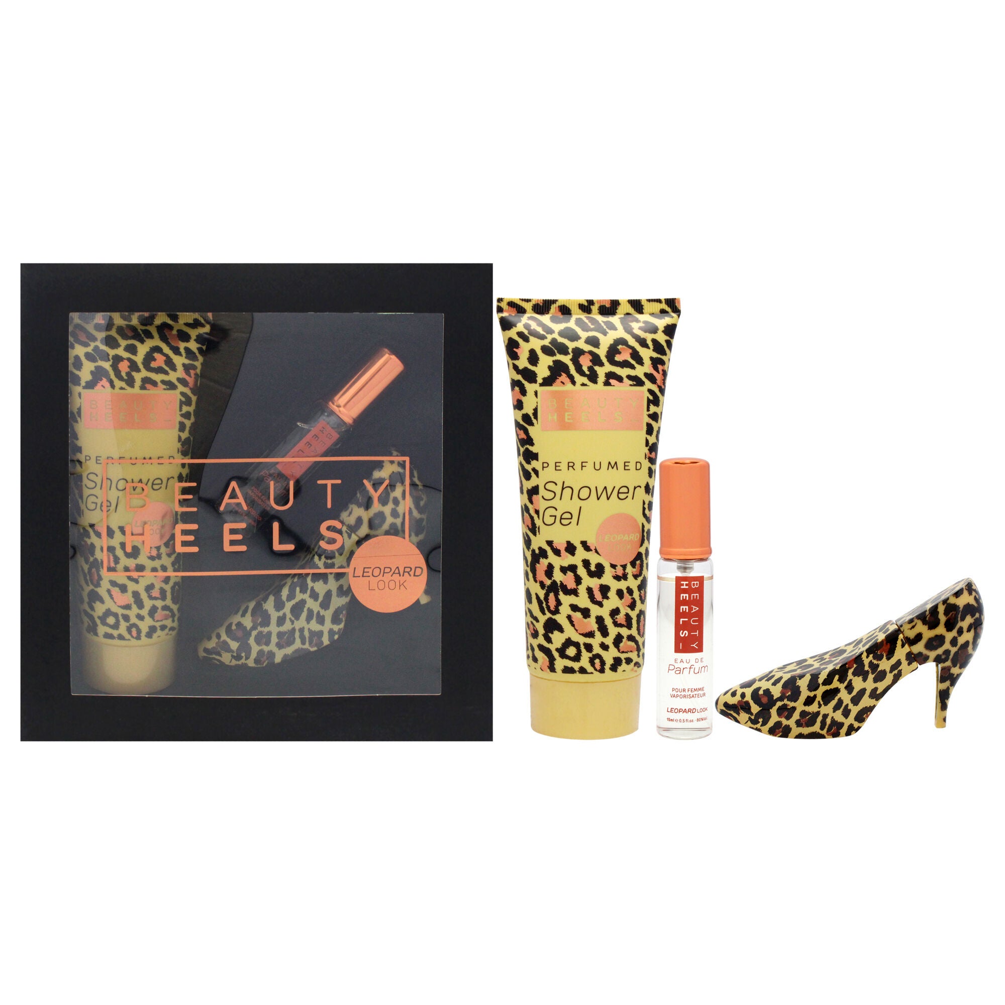 Beauty Heels Leopard Edition by Glamour and Heels for Women - 3 Pc Gift Set 1oz EDP Spray, 0.51oz EDP Spray, 4oz Shower Gel, See Description, hi-res image number 0