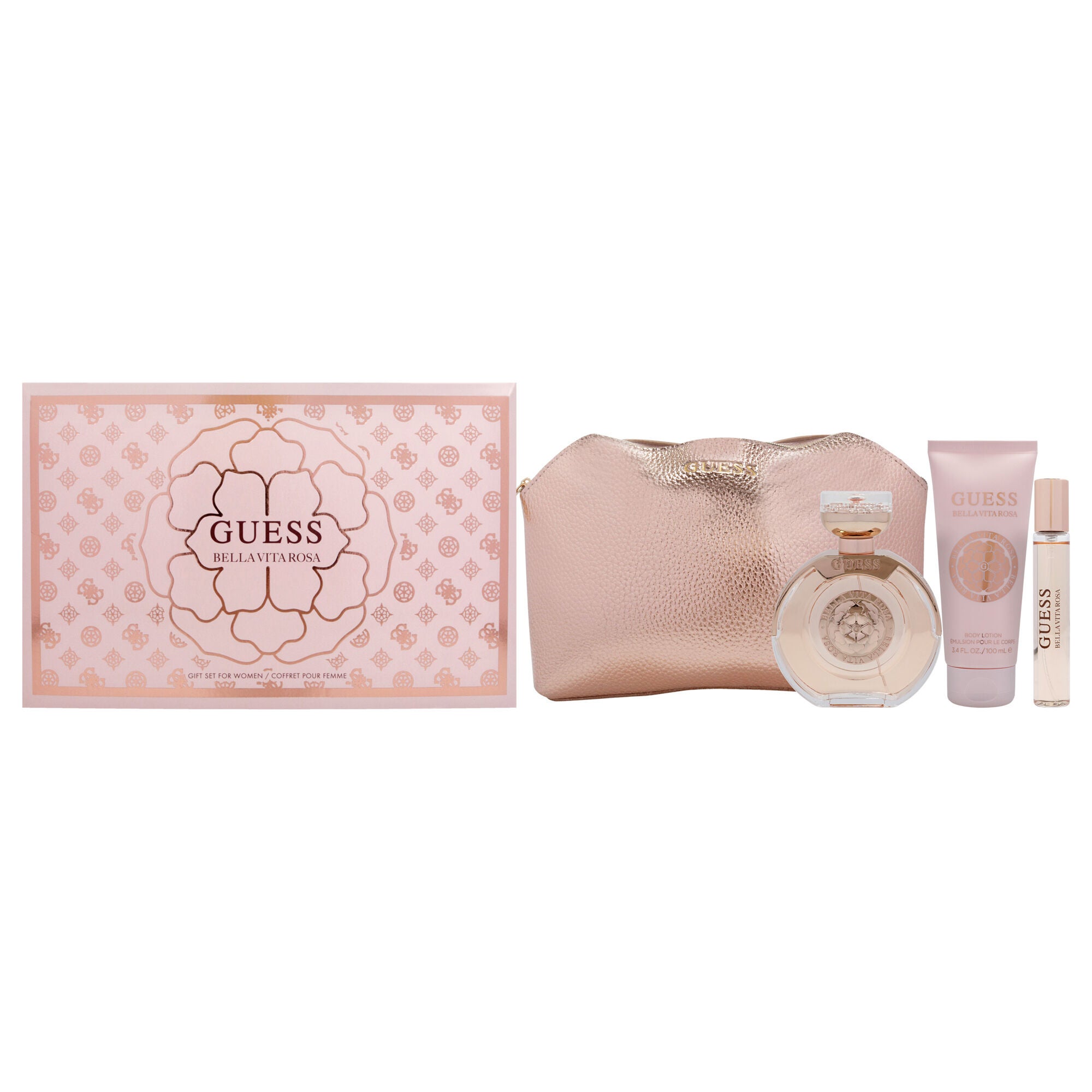 Guess Bella Vita Rosa by Guess for Women - 4 Pc Gift Set 3.4oz EDT Spray, 0.5oz EDT Travel spray, 3.4oz Body Lotion, Pouch, See Description, hi-res image number 0