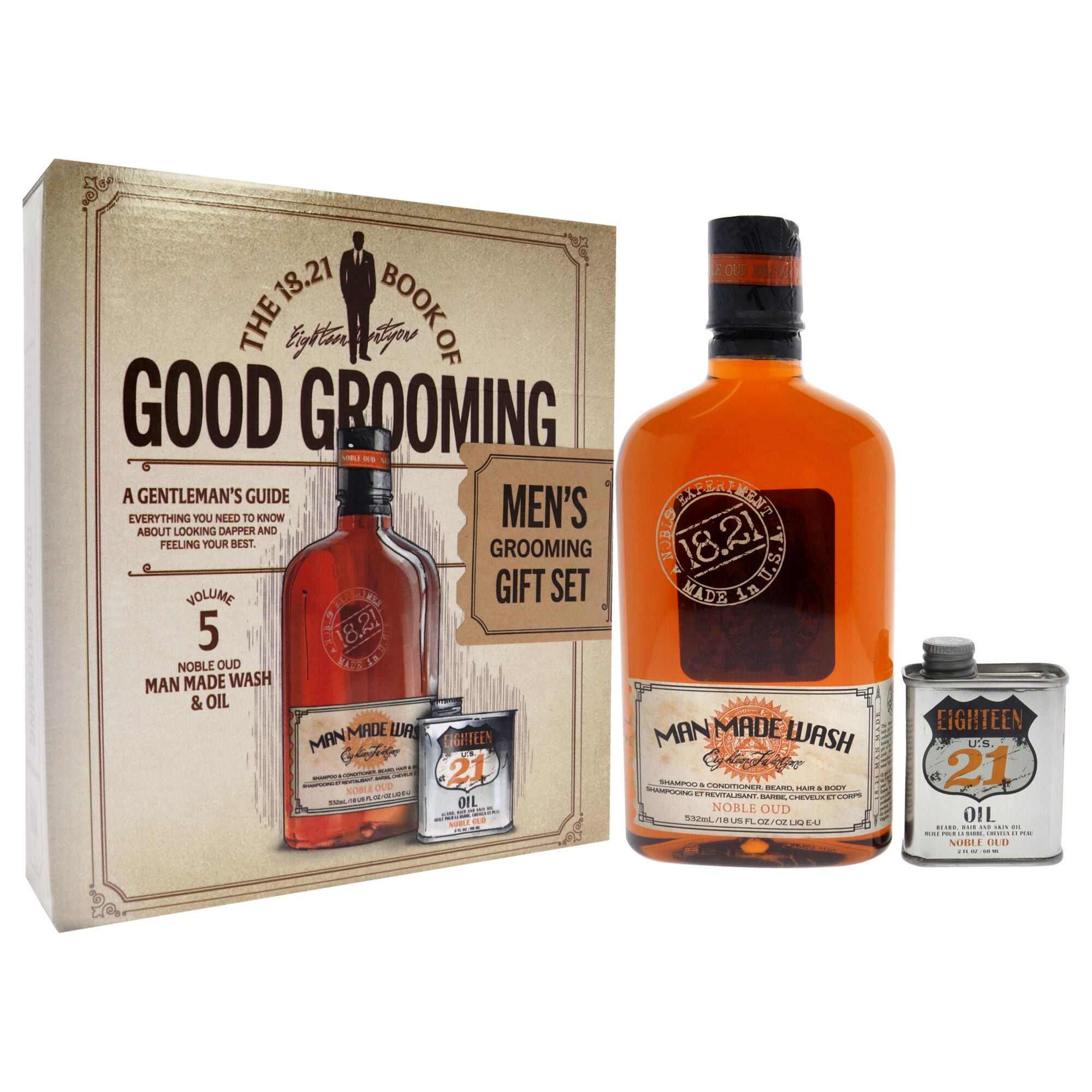 Book of Good Grooming Volume 5 Set - Noble Oud by 18.21 Man Made for Men - 2 Pc 18oz Man Made Wash 3-In-1 Shampoo, Conditioner and Body Wash, 2oz Oil, See Description, alternate image number 2