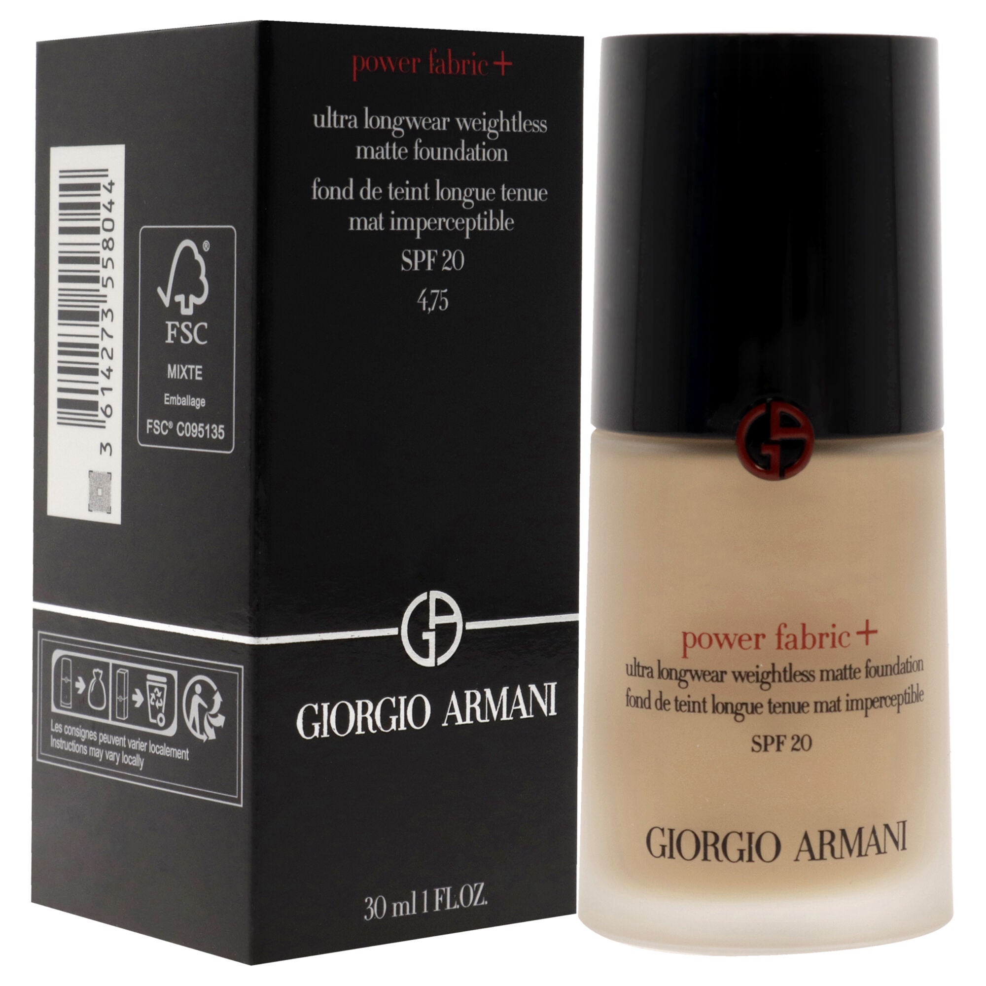 Power Fabric Plus Longwear Weightless Matte Foundation SPF 20 - 4.75 by Giorgio Armani for Women - 1 oz Foundation, See Description, alternate image number 1