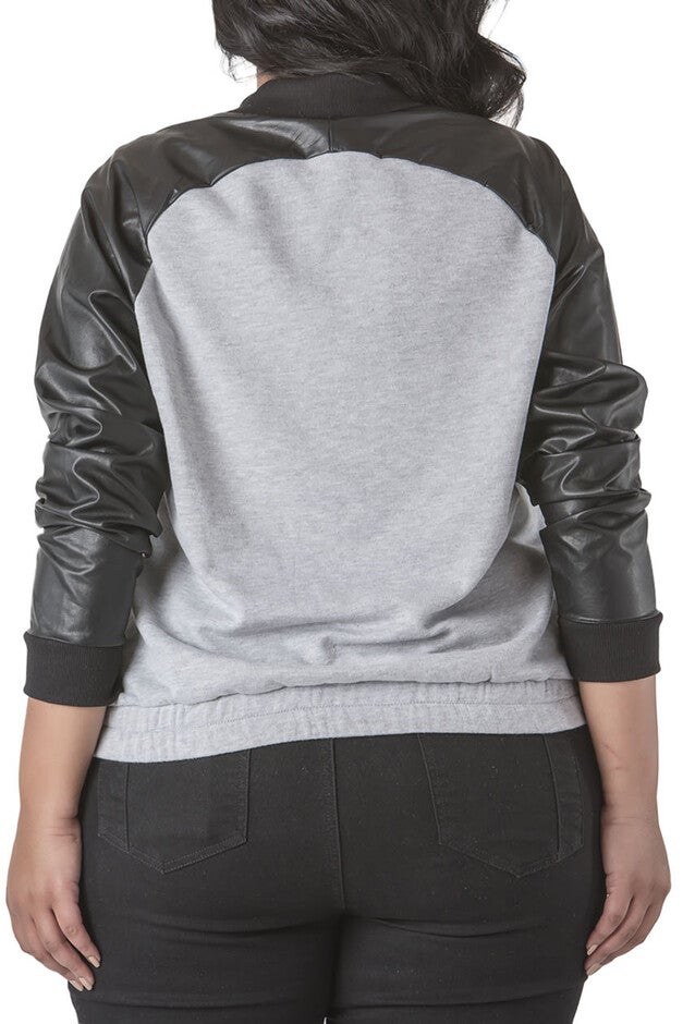 Plus Size Curvy Women's Vegan Leather Long Sleeve Bomber Jacket, , alternate image number null
