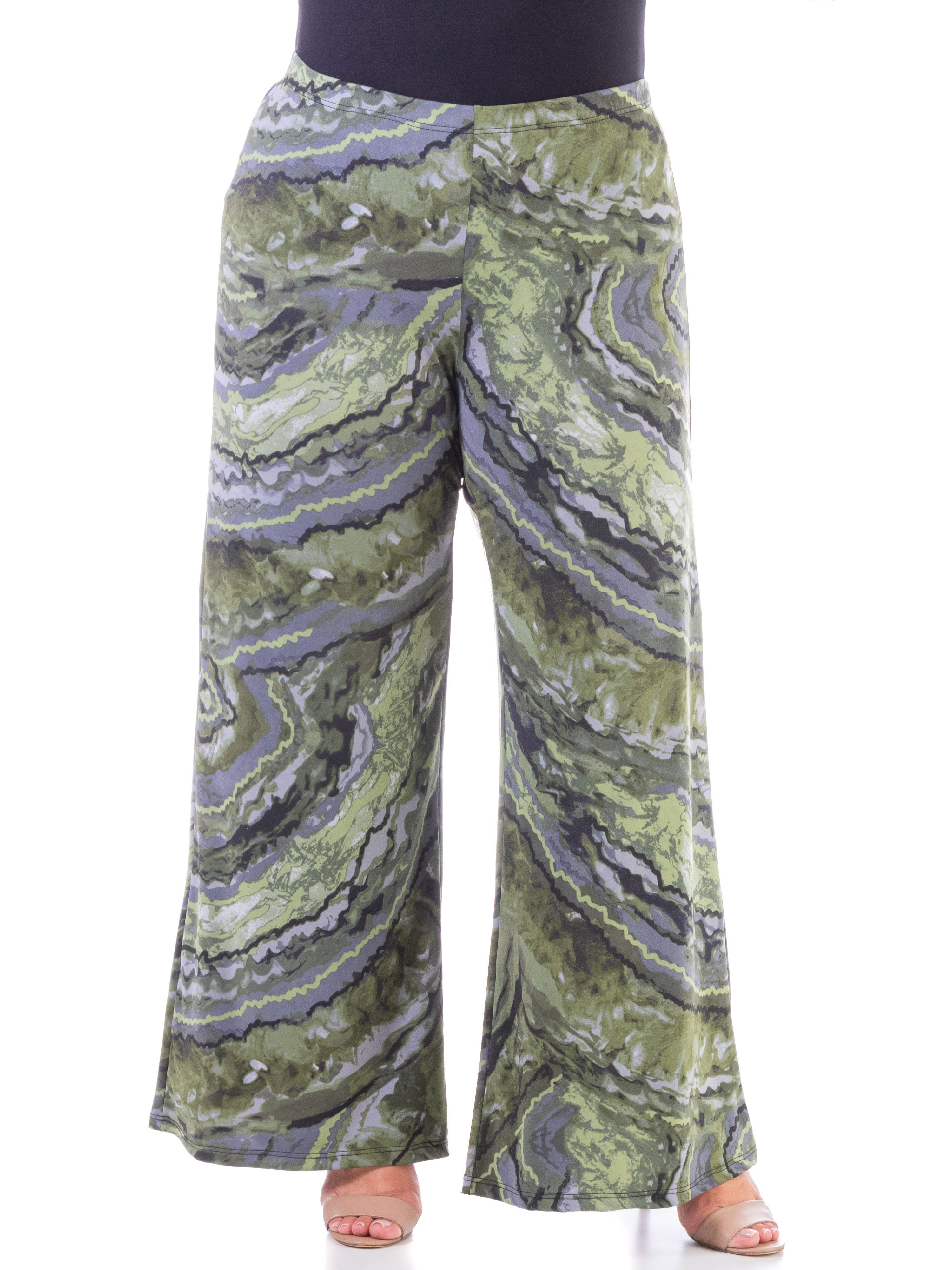 Sage Green Print Elastic Waist Plus Size Palazzo Pants, MultiColor, hi-res image number 0
