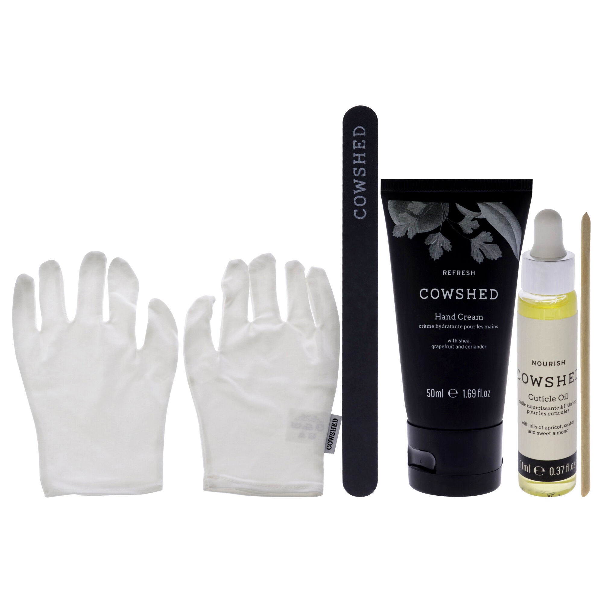 Manicure Kit by Cowshed for Unisex - 5 Pc 1.69oz Refresh Hand Cream, 0.37oz Nourish Cuticle Oil, Emery Board, Cuticle Stick, Manicure Gloves, See Description, alternate image number 1
