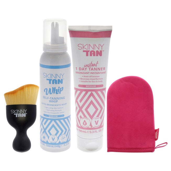 Your Perfect Glow Collection Set by Skinny Tan - 4 Pc Gift Set 5oz Self Tanning Whip, 1oz Day Instant Tanner, Miracle Blush, Pink Velvet Tanning Mit, NA, alternate image number null