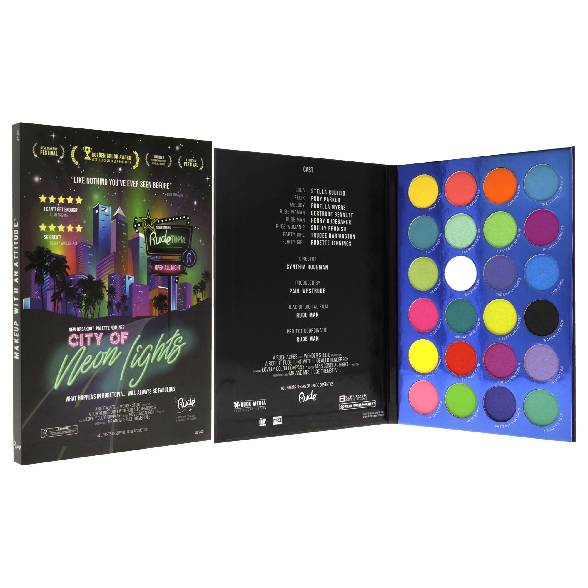 City of Neon Lights - 24 Vibrant Pigment and Eyeshadow Palette by Rude Cosmetics for Women - 0.63 oz Eye Shadow, See Description, alternate image number 2