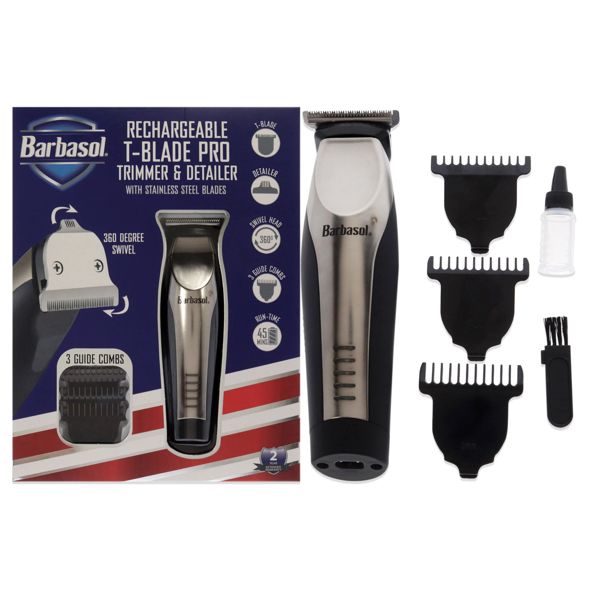 Rechargeable T-Blade Pro Trimmer and Detailer by Barbasol for Men - 8 Pc T-Blade, Trimmer, 3 Guide Combs, Detailer, Cleansing Brush, Oil, See Description, hi-res image number 0