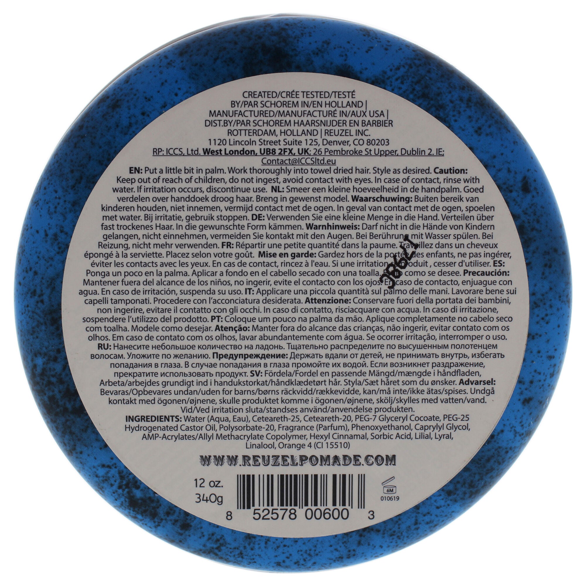 Blue Strong Hold Water Soluble Pomade by Reuzel for Men - 12 oz Pomade - Pack of 6, See Description, alternate image number 1