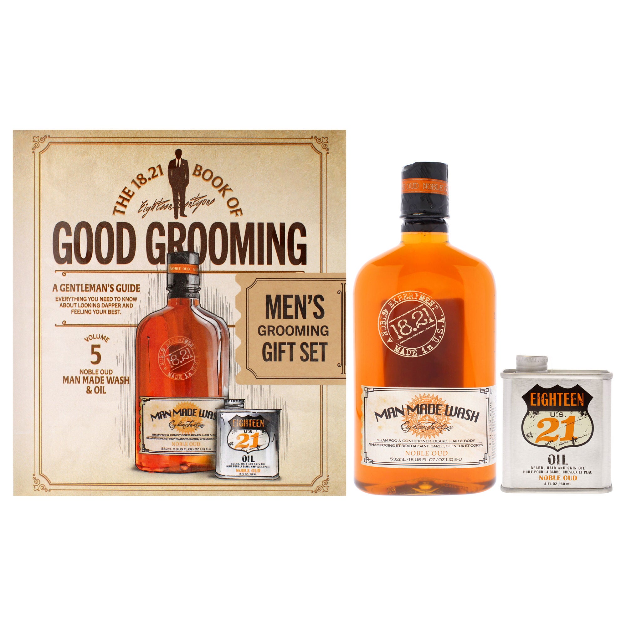 Book of Good Grooming Volume 5 Set - Noble Oud by 18.21 Man Made for Men - 2 Pc 18oz Man Made Wash 3-In-1 Shampoo, Conditioner and Body Wash, 2oz Oil, See Description, hi-res image number 0