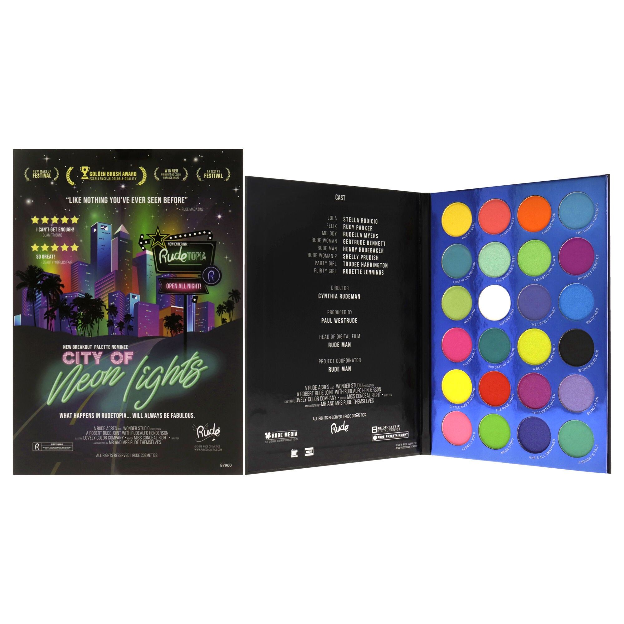 City of Neon Lights - 24 Vibrant Pigment and Eyeshadow Palette by Rude Cosmetics for Women - 0.63 oz Eye Shadow, See Description, hi-res image number 0