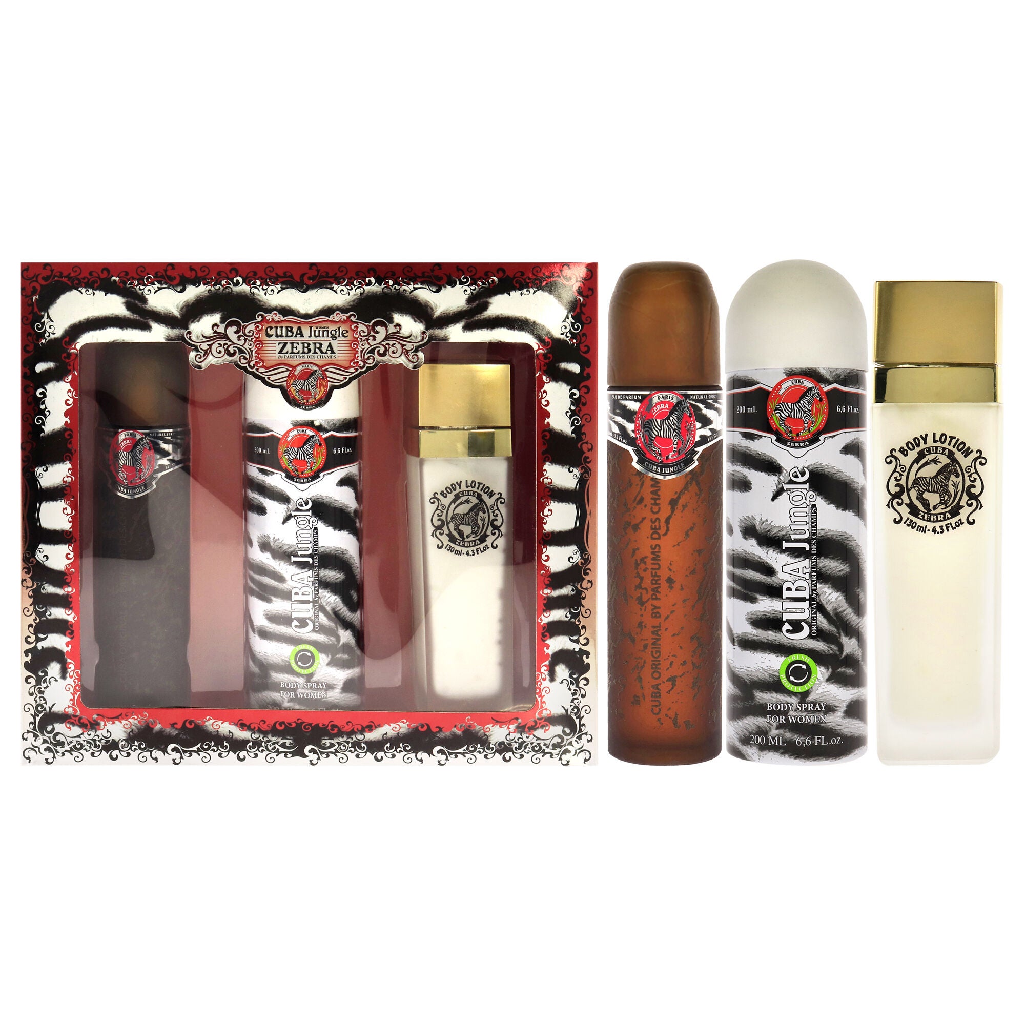 Cuba Jungle Zebra by Cuba for Women - 3 Pc Gift Set 3.3oz EDP Spray, 6.7oz Deodorant Body Spray, 4.3oz Body Lotion, See Description, hi-res image number 0