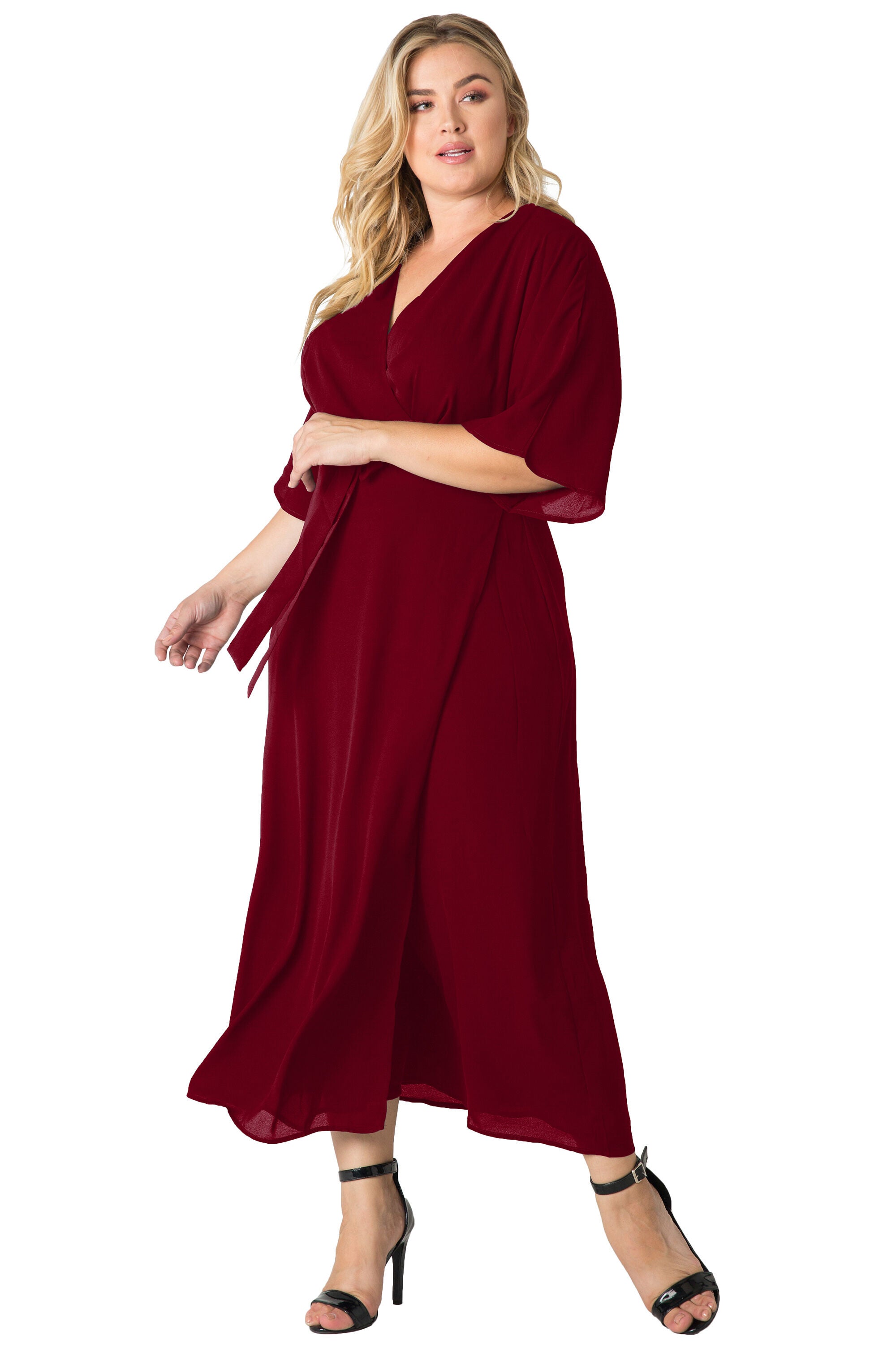 Women's Plus Size Kimono Wrap Dress Maxi Length, Deep Red, hi-res image number 0