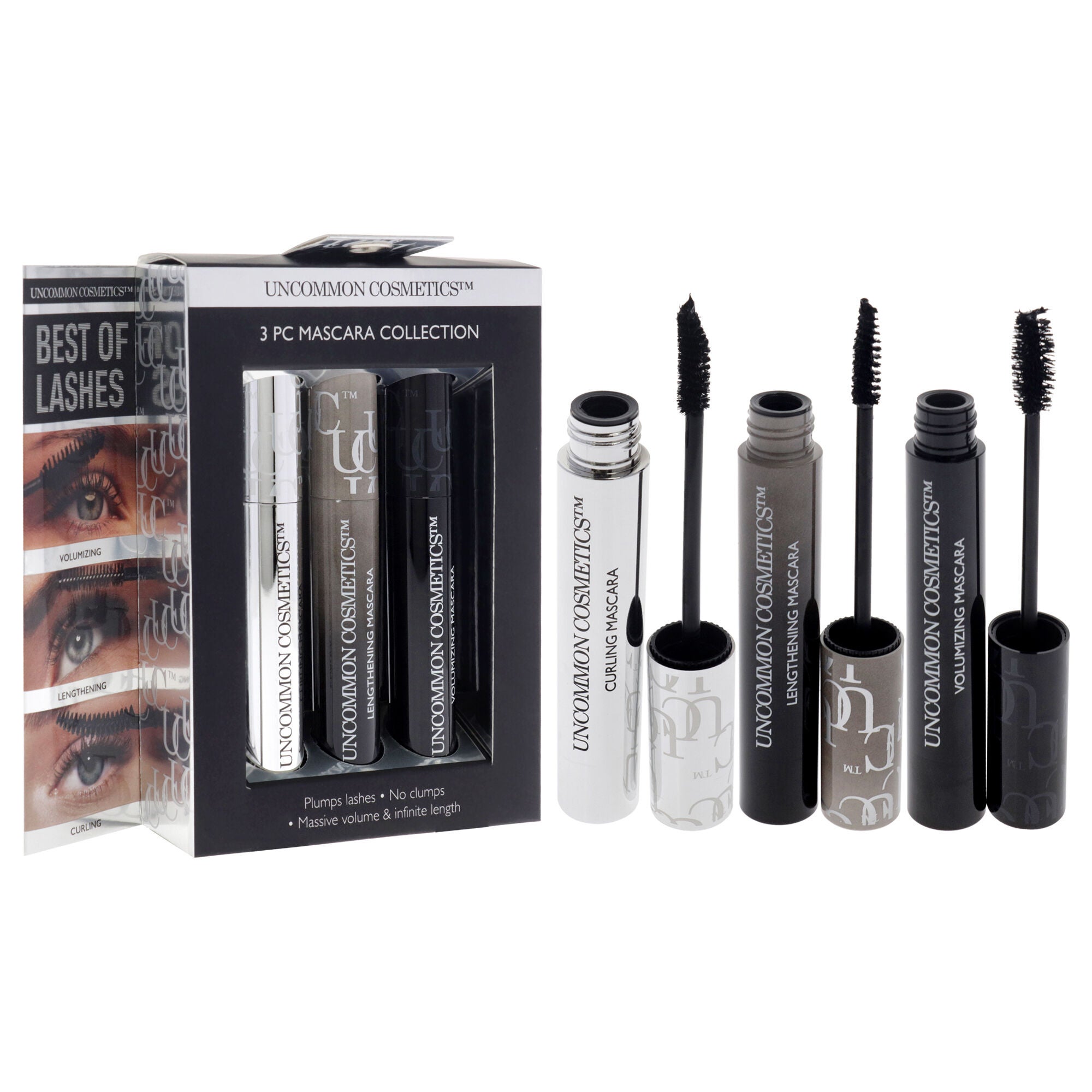 Best Of Lashes Mascara Collection Set by Uncommon Cosmetics Women - 3 Pc 0.27oz Lengthening Mascara, 0.27oz Volumizing Mascara, 0.27oz Curling Mascara, See Description, alternate image number 1