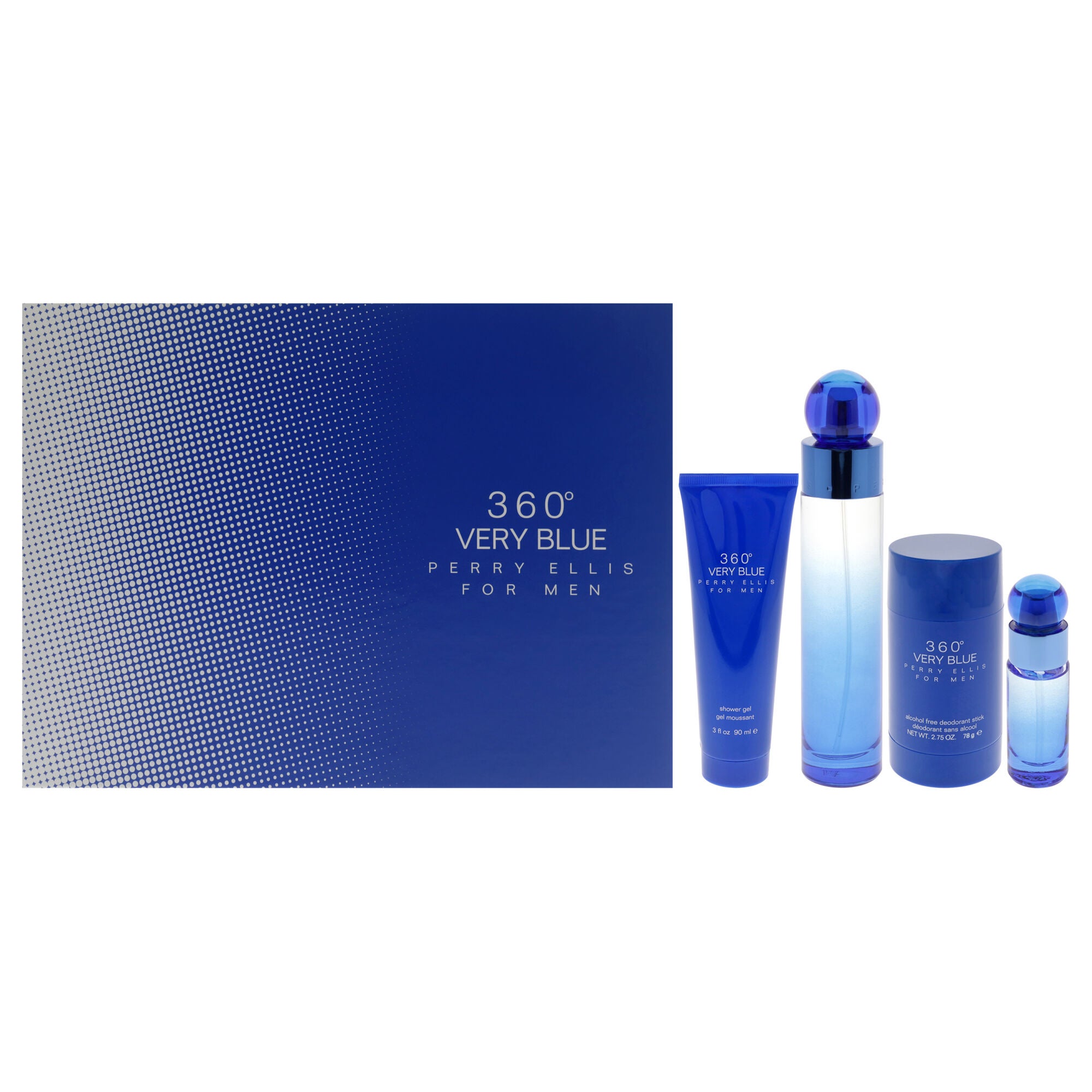 360 Very Blue by Perry Ellis for Men - 4 Pc Gift Set 3.4oz EDT Spray, 7.5ml EDT Spray, 2.75oz Deodorant Stick Plus, 3oz Shower Gel, See Description, hi-res image number 0
