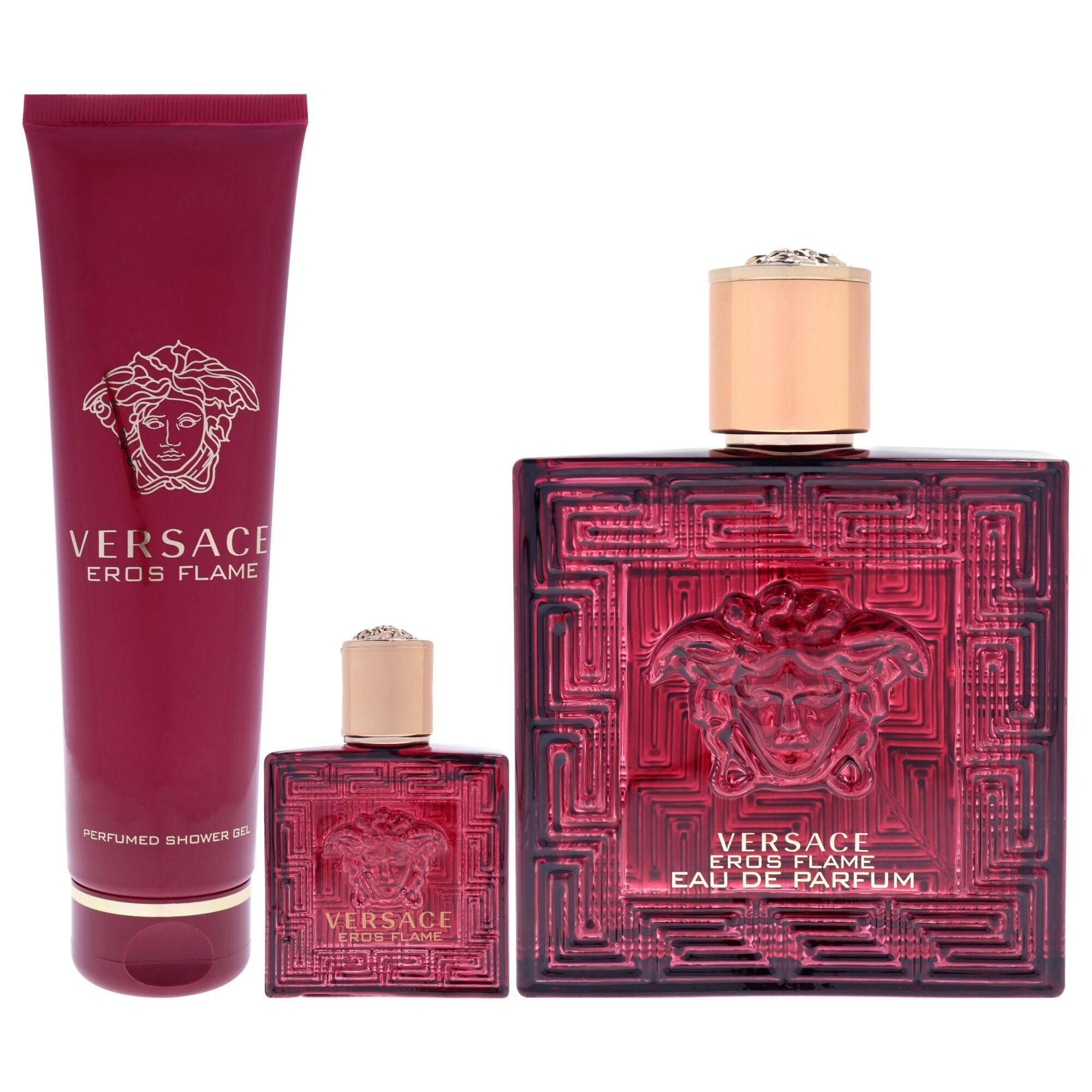 Versace Eros Flame by Versace for Men - 3 Pc Gift Set 3.4oz EDP Spray, 0.17oz EDP Spray (Mini), 5oz Bath and Shower Gel, Clear, alternate image number 1