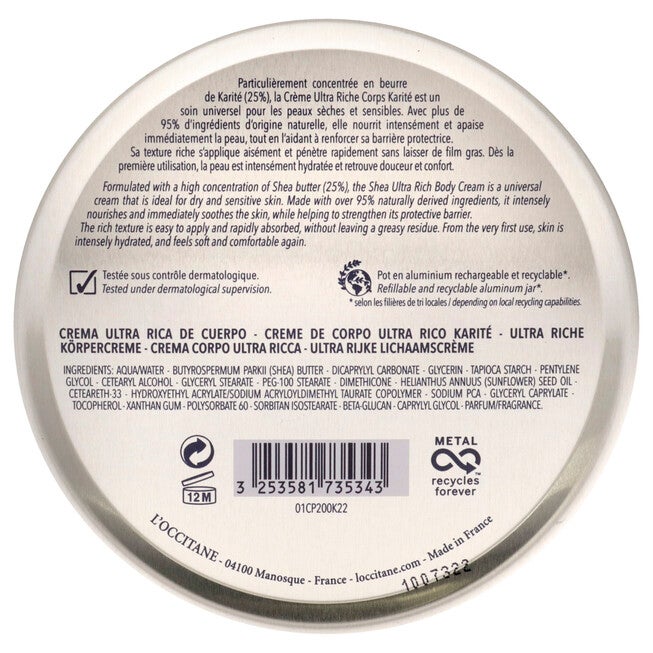 Shea Butter Ultra Rich Body Cream by LOccitane for Unisex - 6.9 oz Body Cream, See Description, alternate image number null