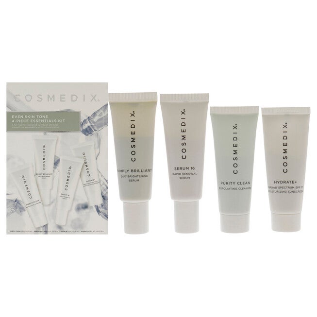 Even Skin Tone Essentials Kit by Cosmedix for Unisex - 4 Pc 0.5oz Purity Clean, 0.5oz Simply Brilliant, 0.5oz Serum 16, 0.5oz Hydrate Plus, NA, hi-res image number null