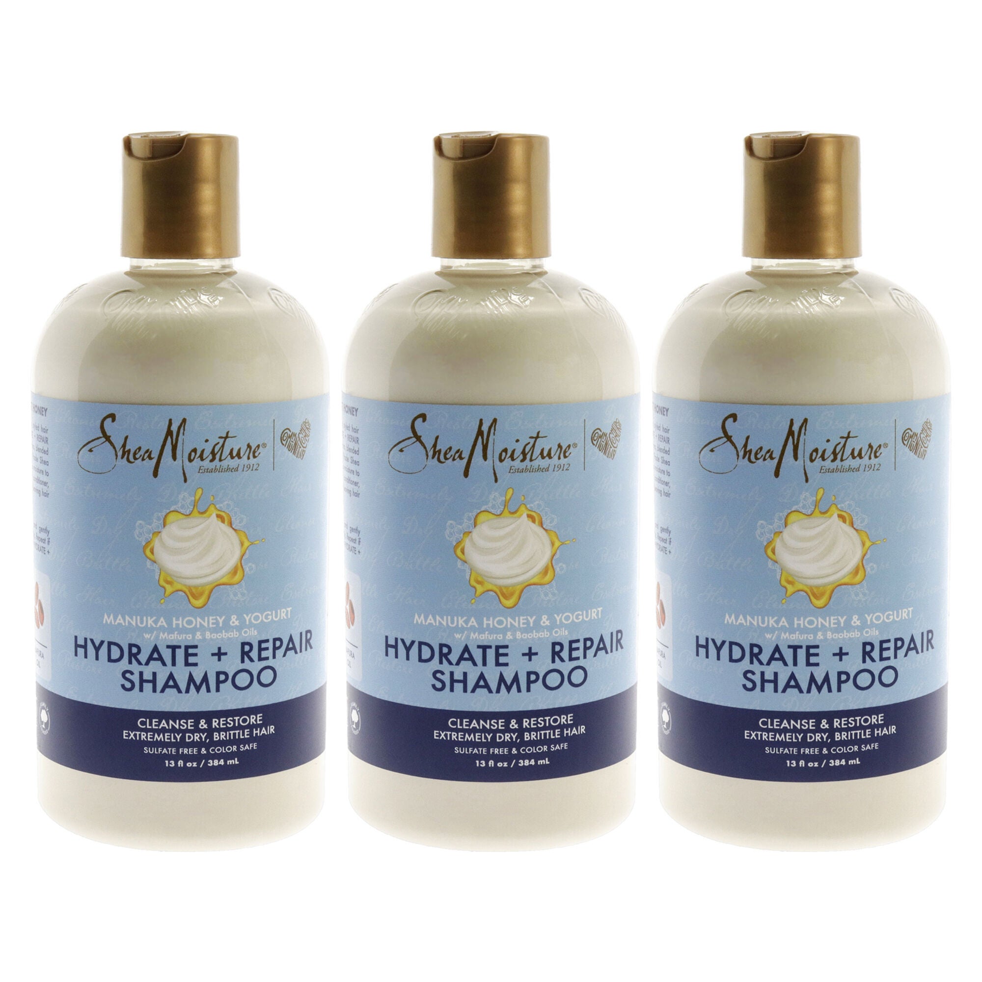 Manuka Honey and Yogurt Hydrate Plus Repair Shampoo by Shea Moisture for Unisex - 13 oz Shampoo - Pack of 3, White, hi-res image number 0