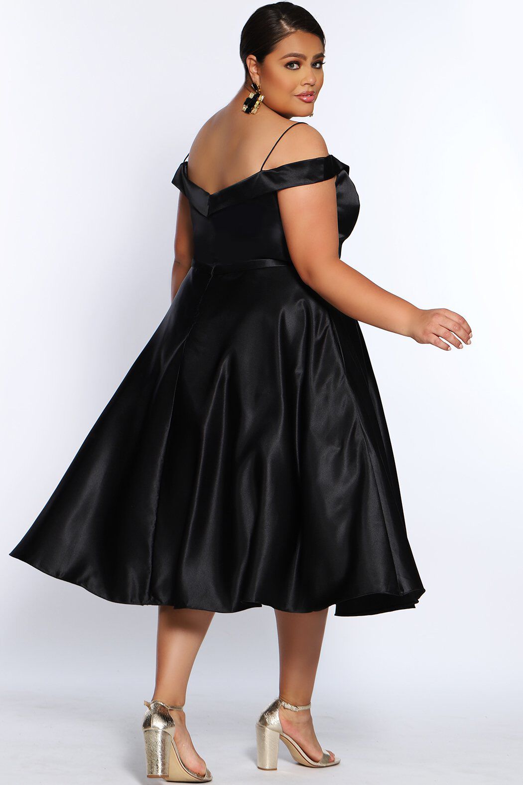 Simply Divine Tea-Length Satin Plus Size Party Dress with Pockets, , alternate image number 1