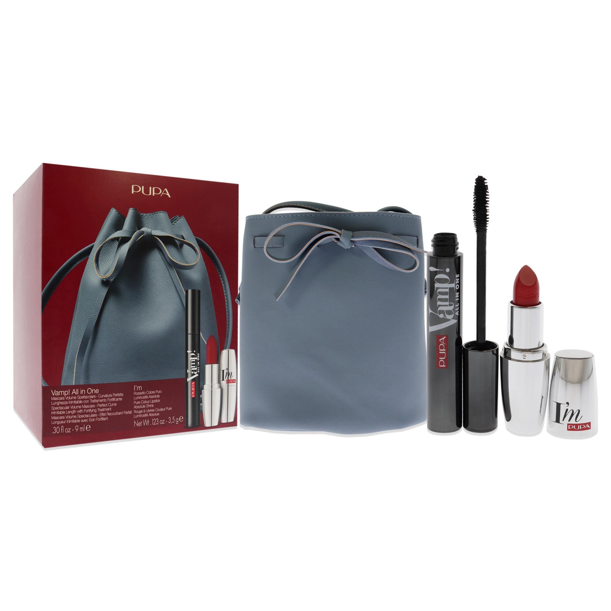 Vamp! All In One and I Am Set by Pupa Milano for Women - 3 Pc 0.30oz amp! All In One Mascara - 101 Black, 0.123oz Lipstick - 303, Bucket Bag, See Description, alternate image number 2