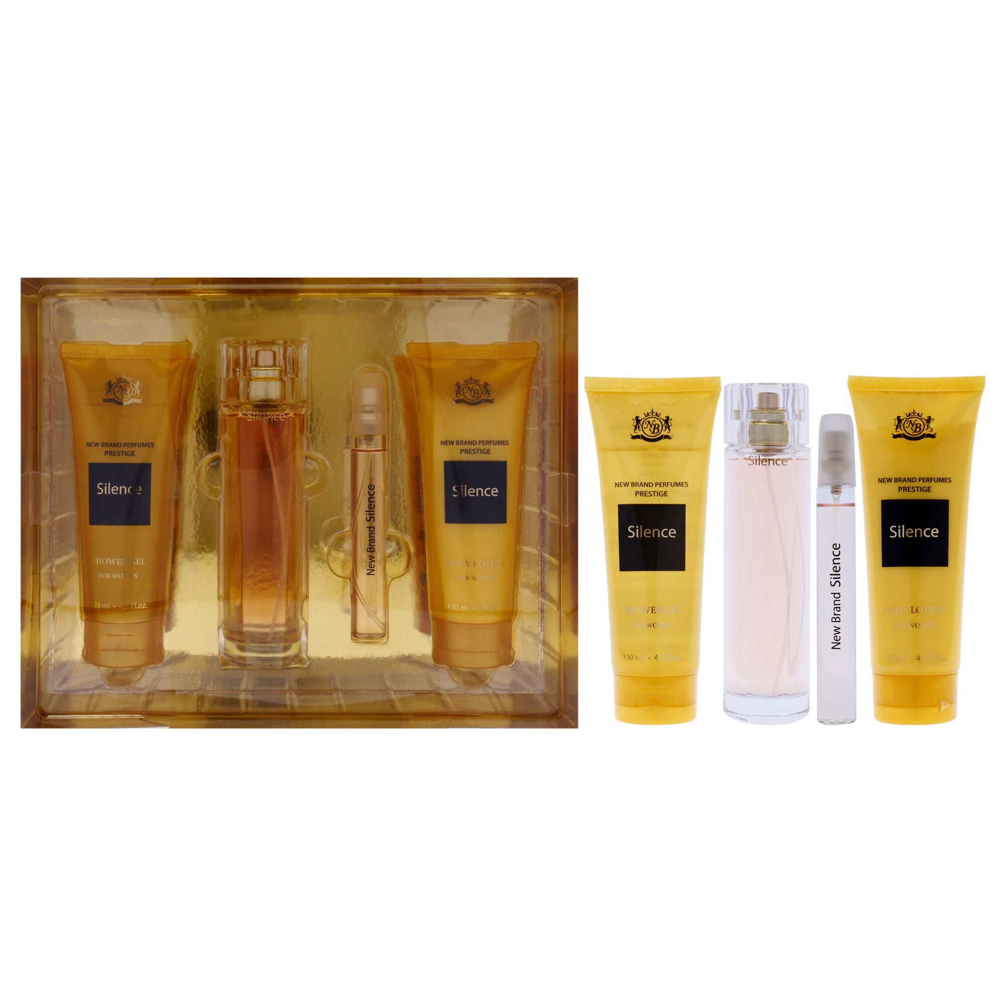 Prestige Silence by New Brand for Women - 4 Pc Gift Set 3.3oz EDP Spray, 0.5oz EDP Spray, 4.3oz Shower Gel, 4.3oz Body Lotion, See Description, hi-res image number 0