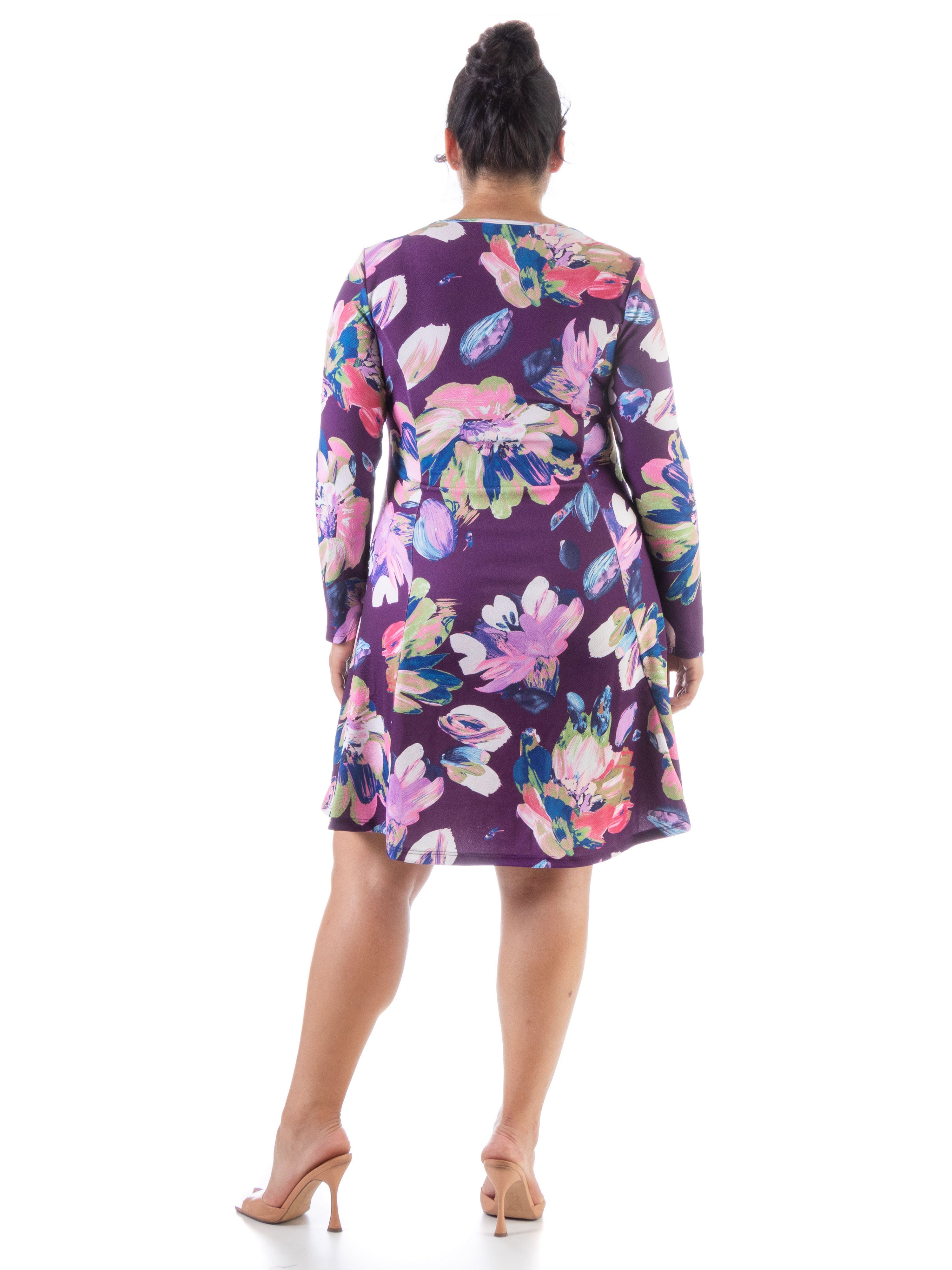 Floral Purple Long Sleeve Plus Size Knee Length Dress, , alternate image number 1