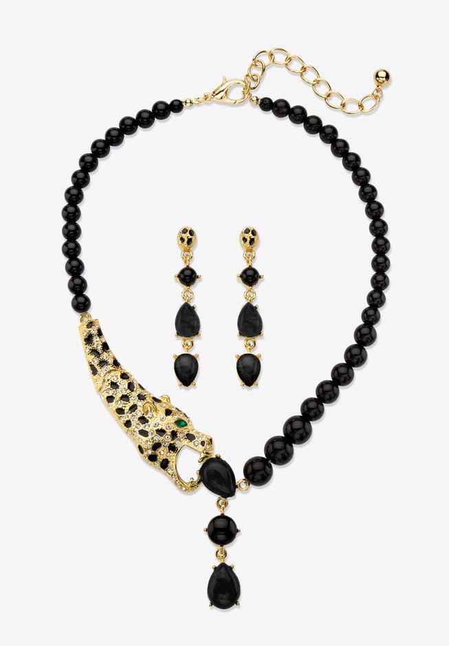 Gold Tone 2 Piece Set Leopard Necklace and Earring Set,Onyx, 18 inches, ONYX, hi-res image number null