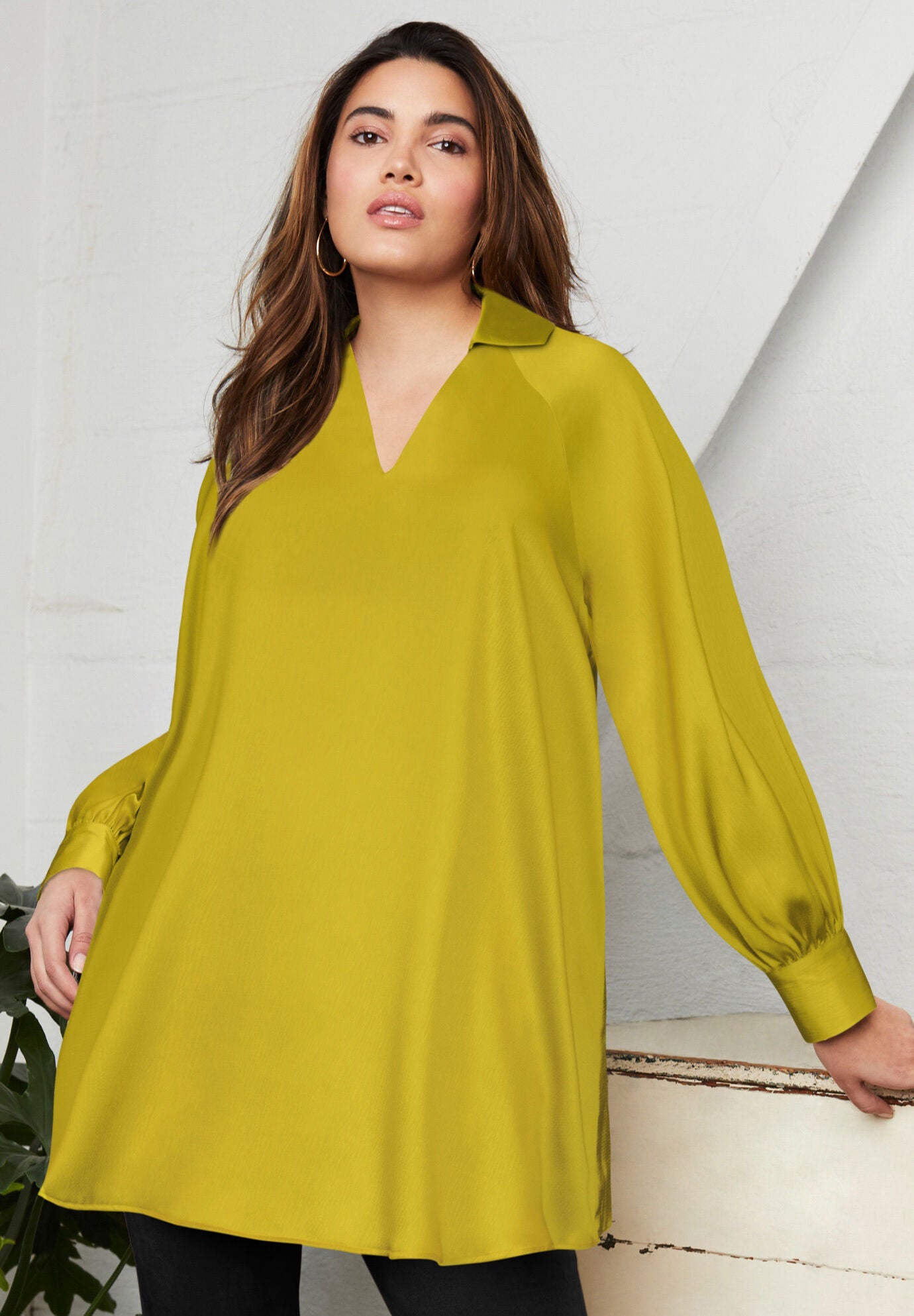 Puff-Sleeve Satin Blouse, LIGHT MOSS, hi-res image number 0