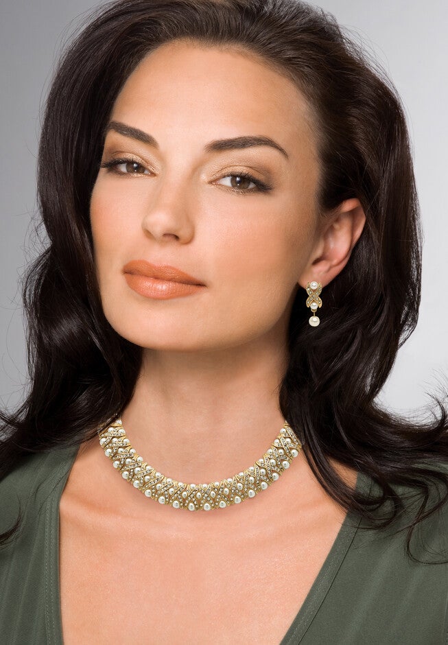 Gold Tone Necklace, Bracelet And Earring Set, Simulated Pearl Jewelry, , alternate image number null