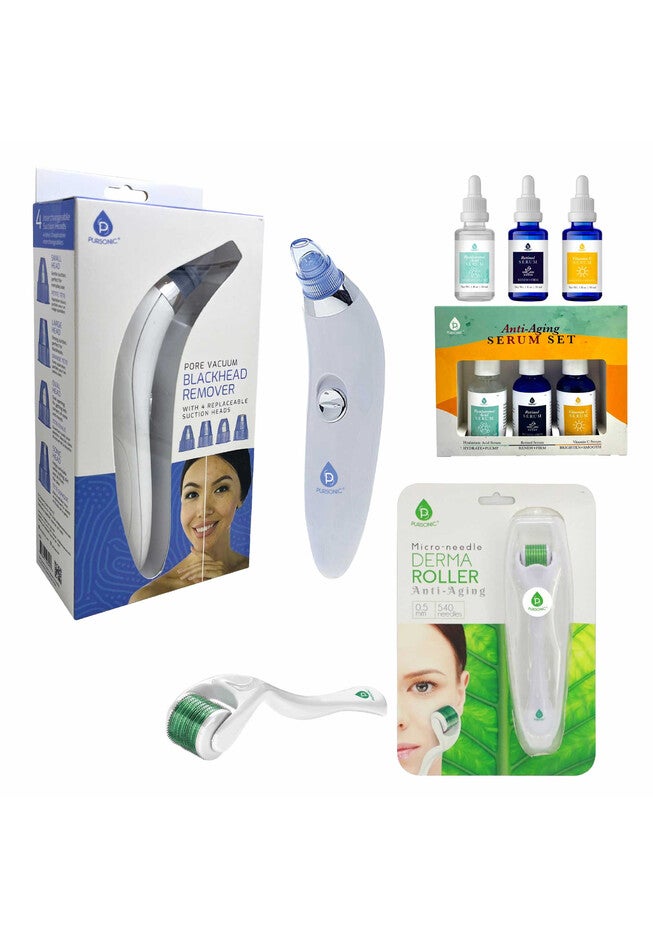 Ultimate Rejuvenation Bundle: Micro Needle Derma Roller, Pore Vacuum Blackhead Remover & 3-Pack Anti-Aging Serum Set, O, hi-res image number null
