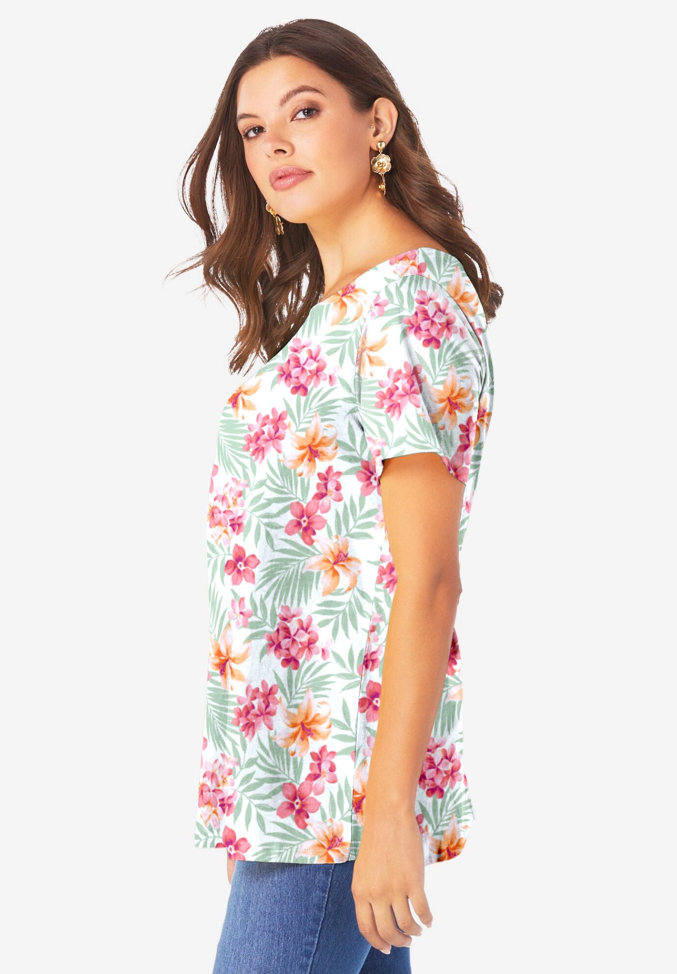 Plus Size Ultimate Cotton Crewneck Short Sleeve Swing Tee, ORANGE TROPICAL FLORAL, alternate image number 3