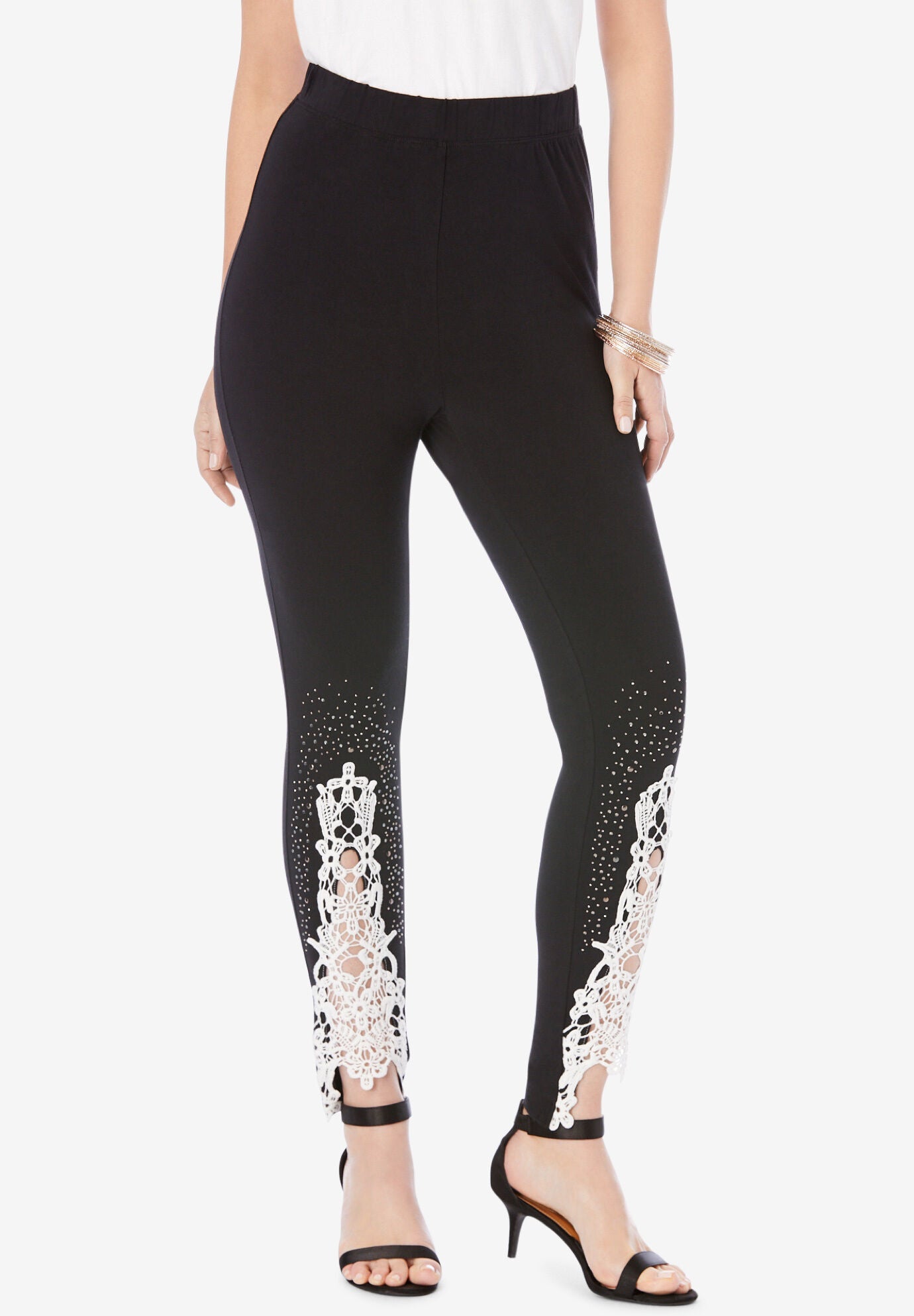 Lace-Applique Legging, BLACK, hi-res image number 0
