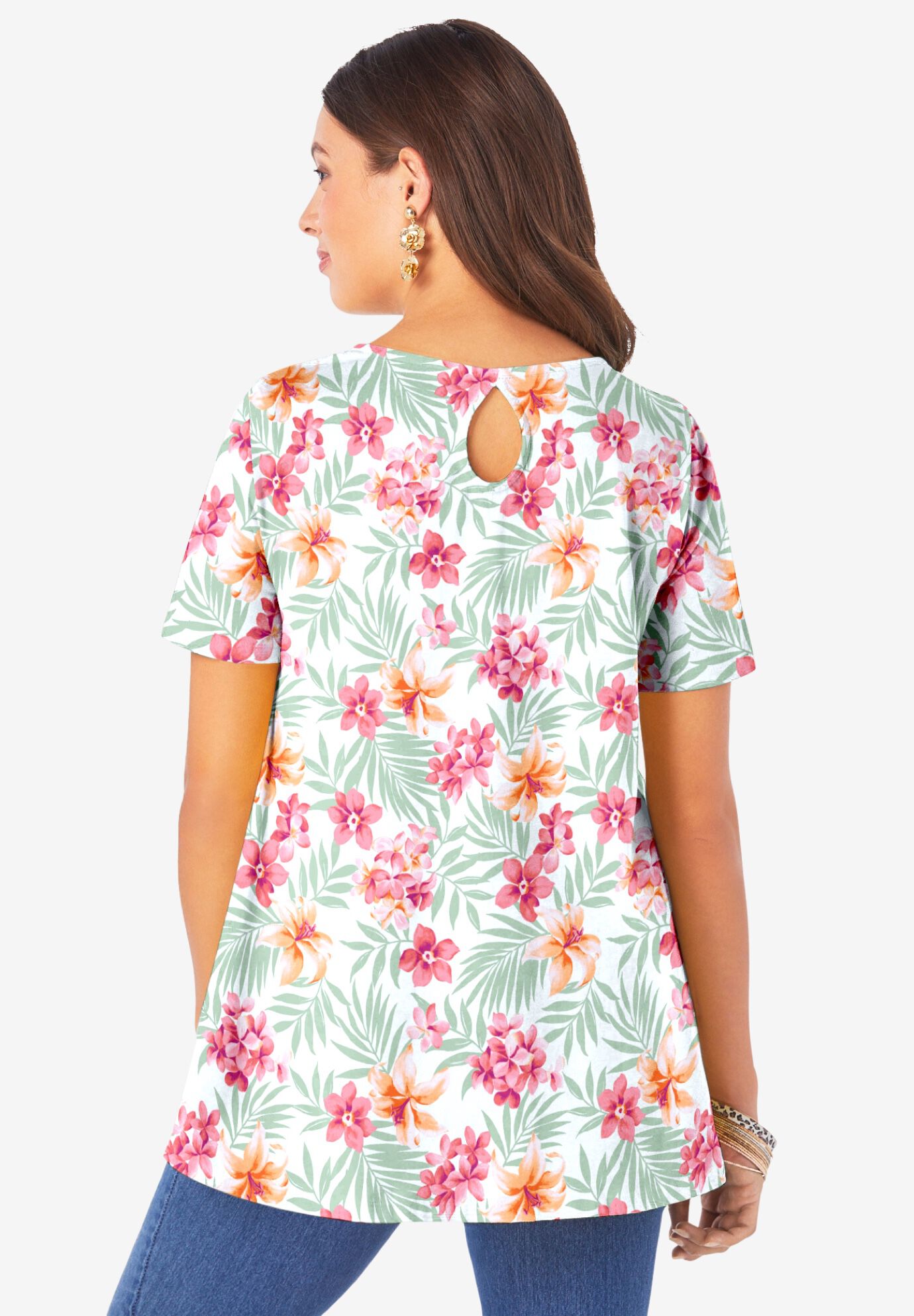 Plus Size Ultimate Cotton Crewneck Short Sleeve Swing Tee, ORANGE TROPICAL FLORAL, alternate image number 2