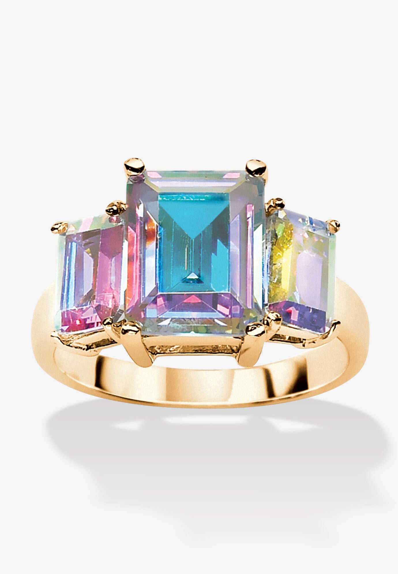 Gold-Plated Emerald Cut And Aurora Borealis Cubic Zirconia Ring Jewelry, CUBIC ZIRCONIA, hi-res image number 0