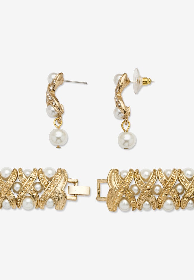 Gold Tone Necklace, Bracelet And Earring Set, Simulated Pearl Jewelry, , on-hover image number null